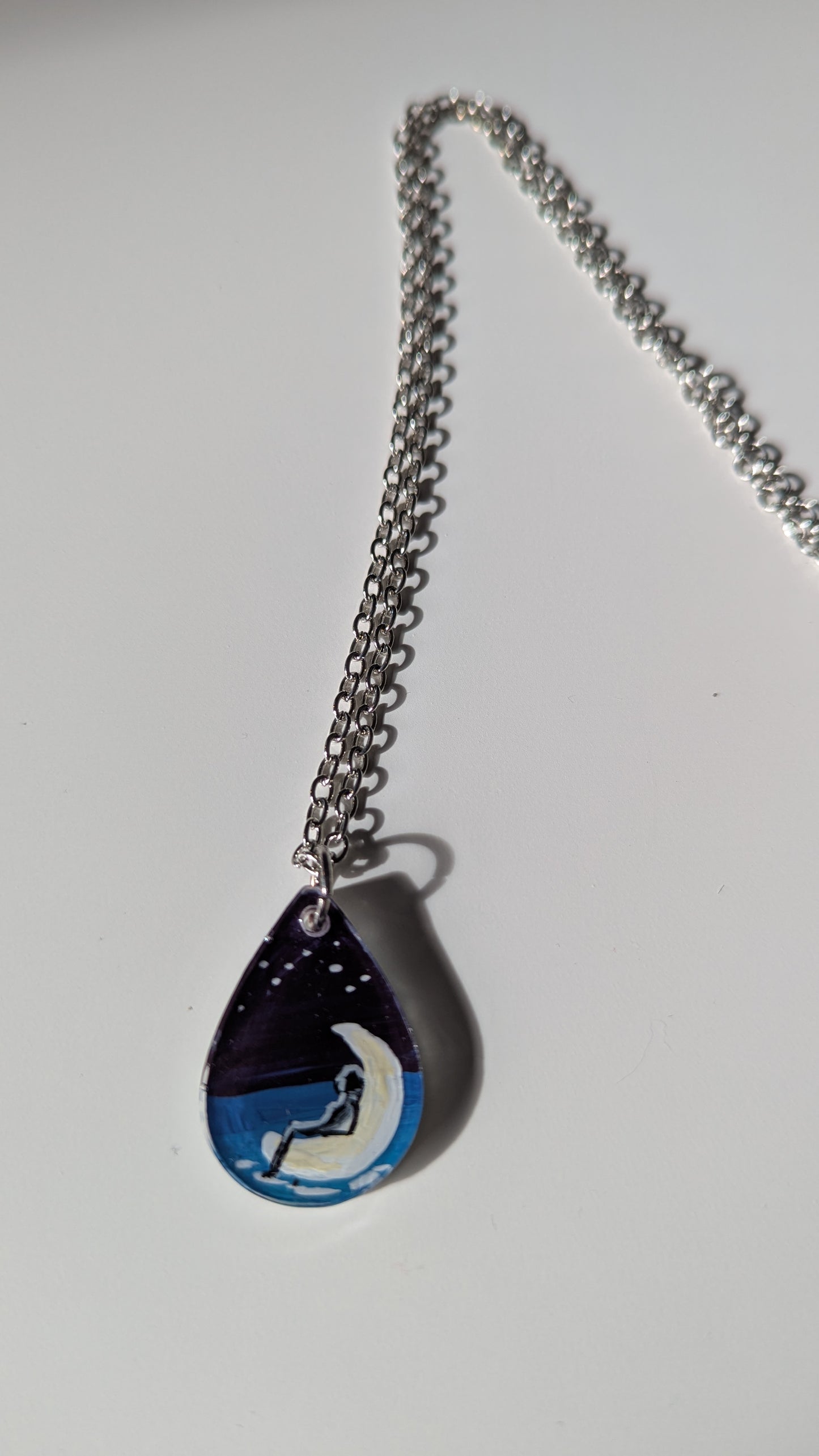 Moon on the water hand painted acrylic resin mystical pendant necklace
