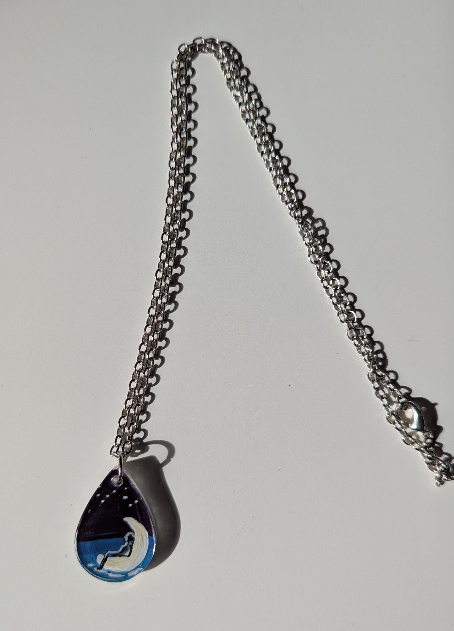 Moon on the water hand painted acrylic resin mystical pendant necklace