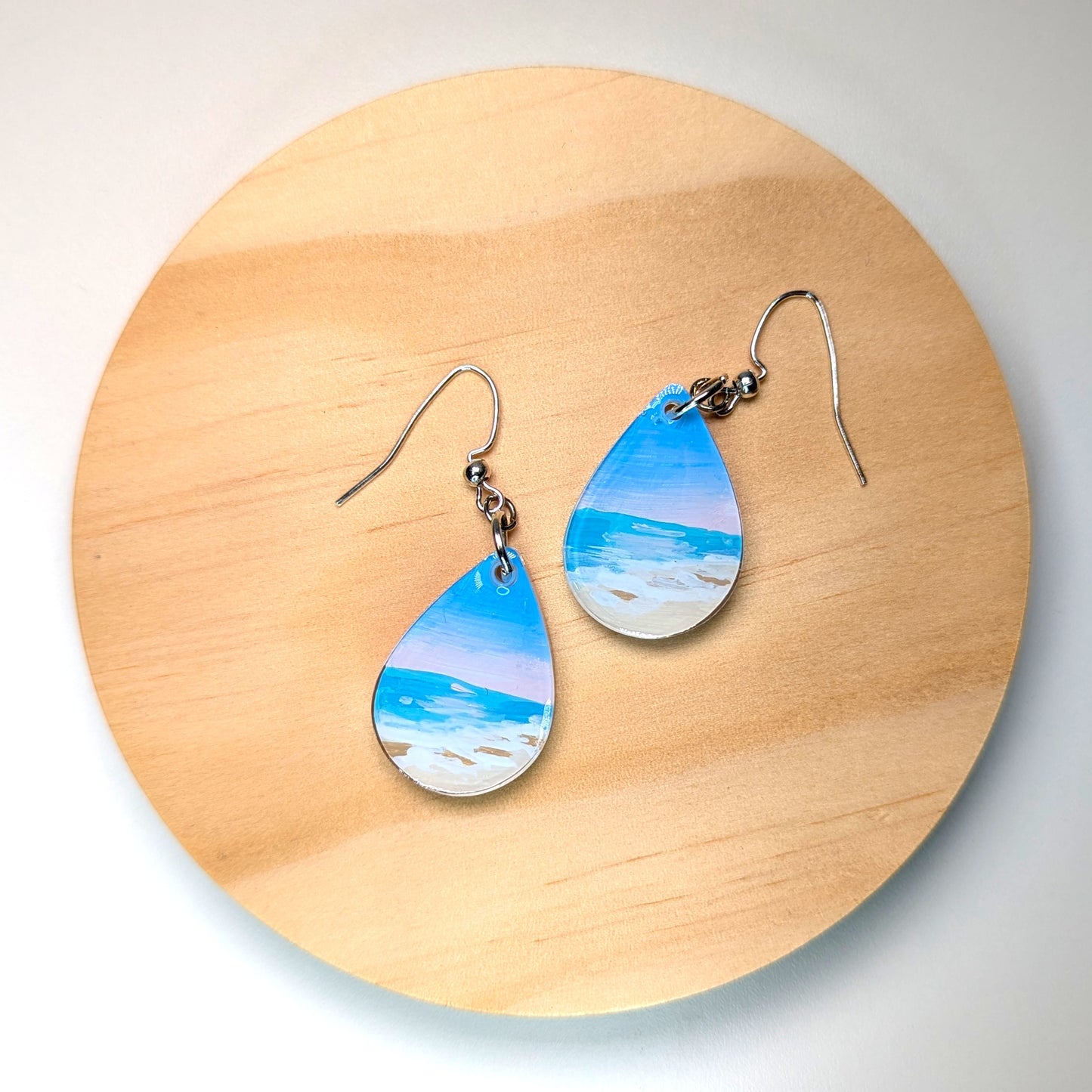Pink Sunset Beach Earrings, Hand Painted Scenes Encased in Resin