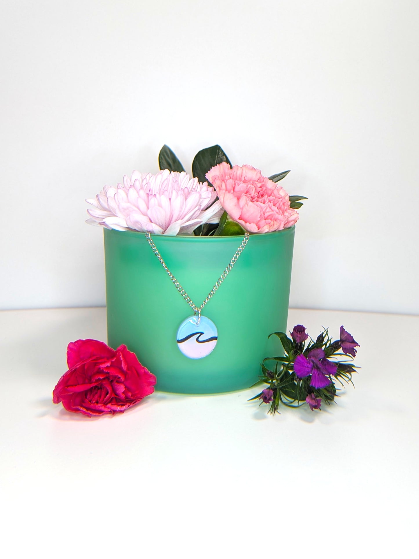 Simple wave pink and blue hand painted surfer girl resin necklace