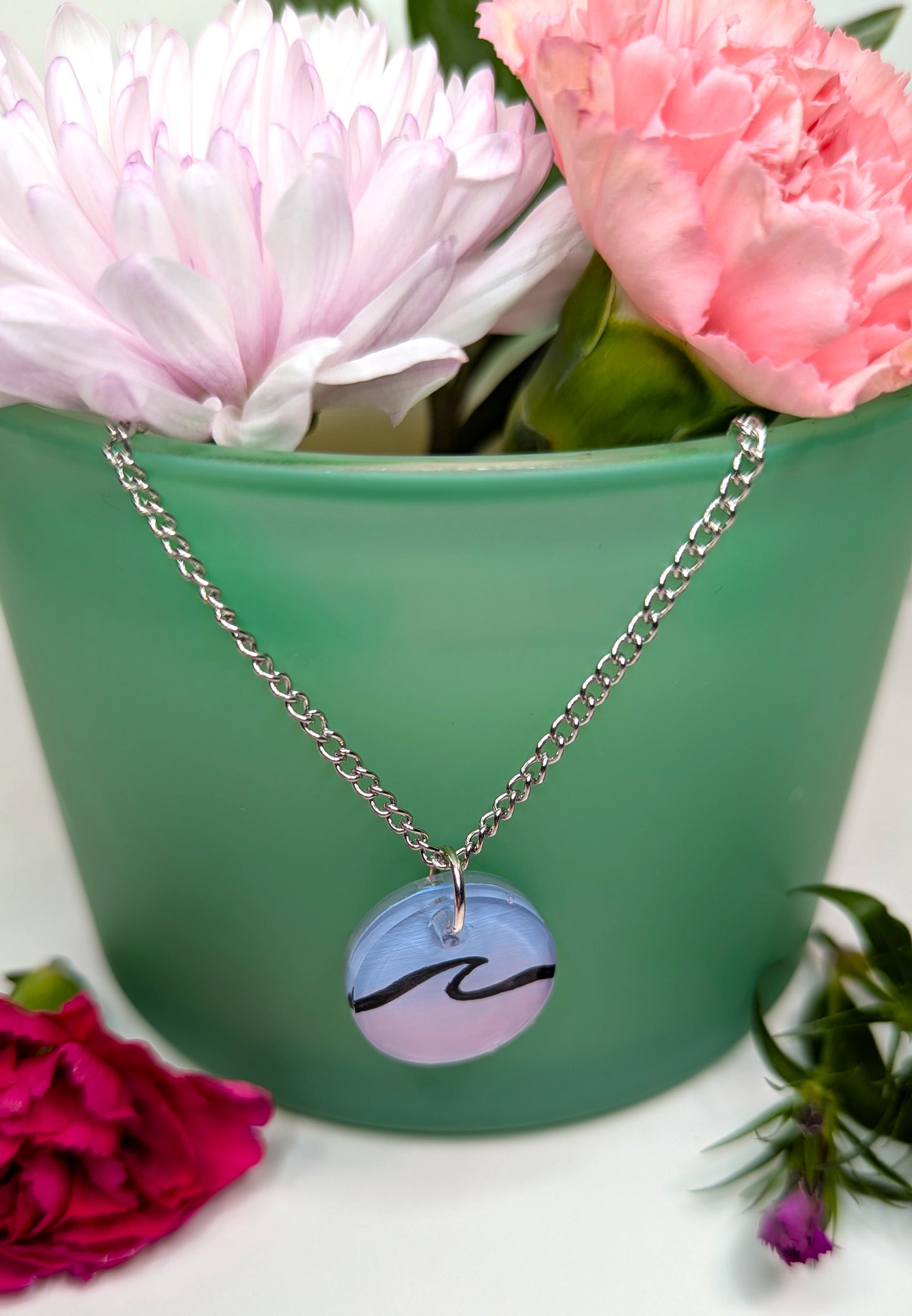 Simple wave pink and blue hand painted surfer girl resin necklace