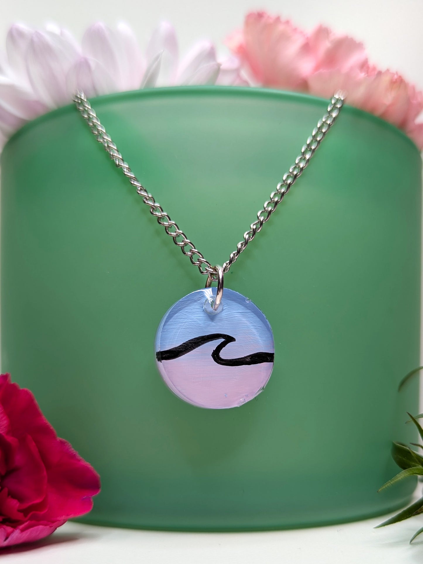 Simple wave pink and blue hand painted surfer girl resin necklace