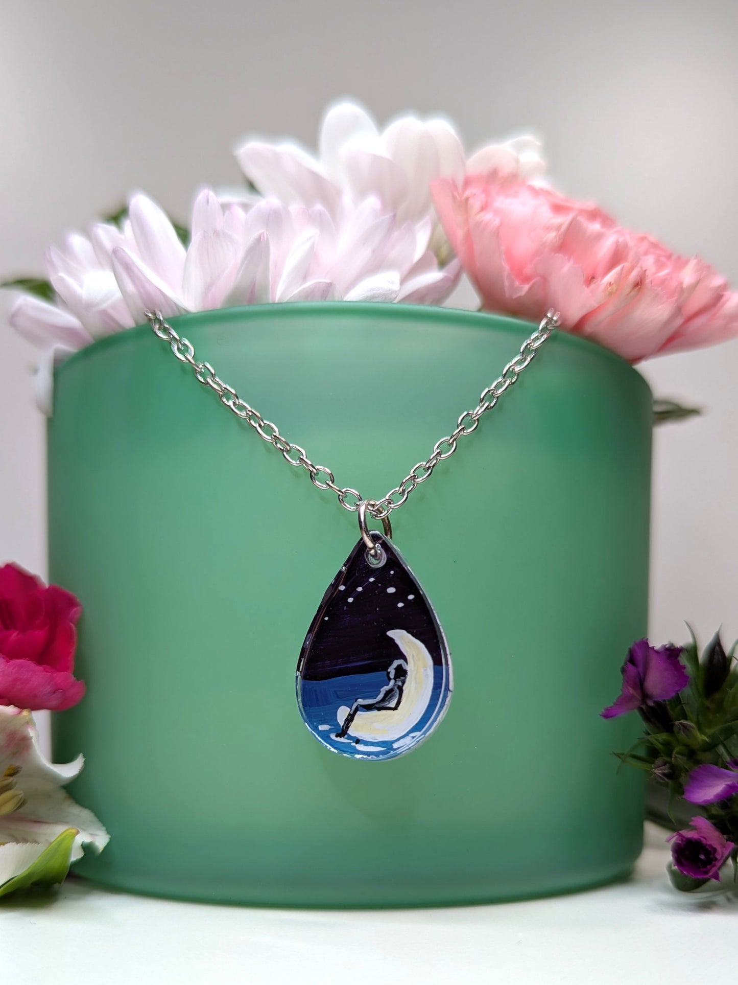 Moon on the water hand painted acrylic resin mystical pendant necklace