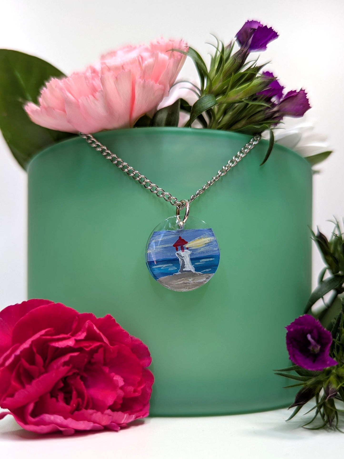 Hand Painted Lighthouse Necklace, Resin Necklace with embedded Lighthouse Painting