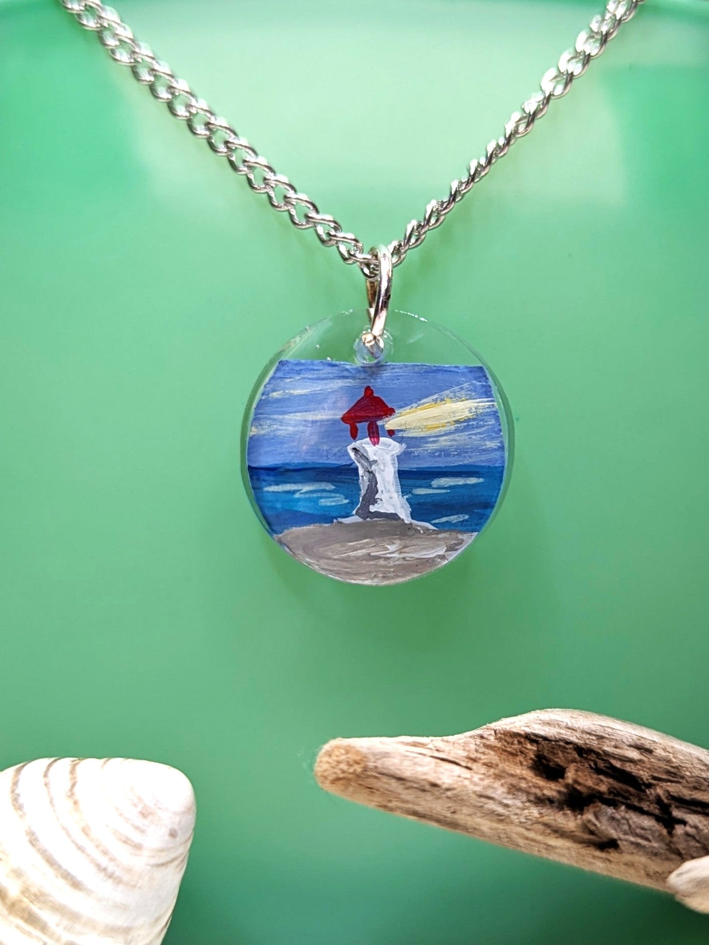 Hand Painted Lighthouse Necklace, Resin Necklace with embedded Lighthouse Painting