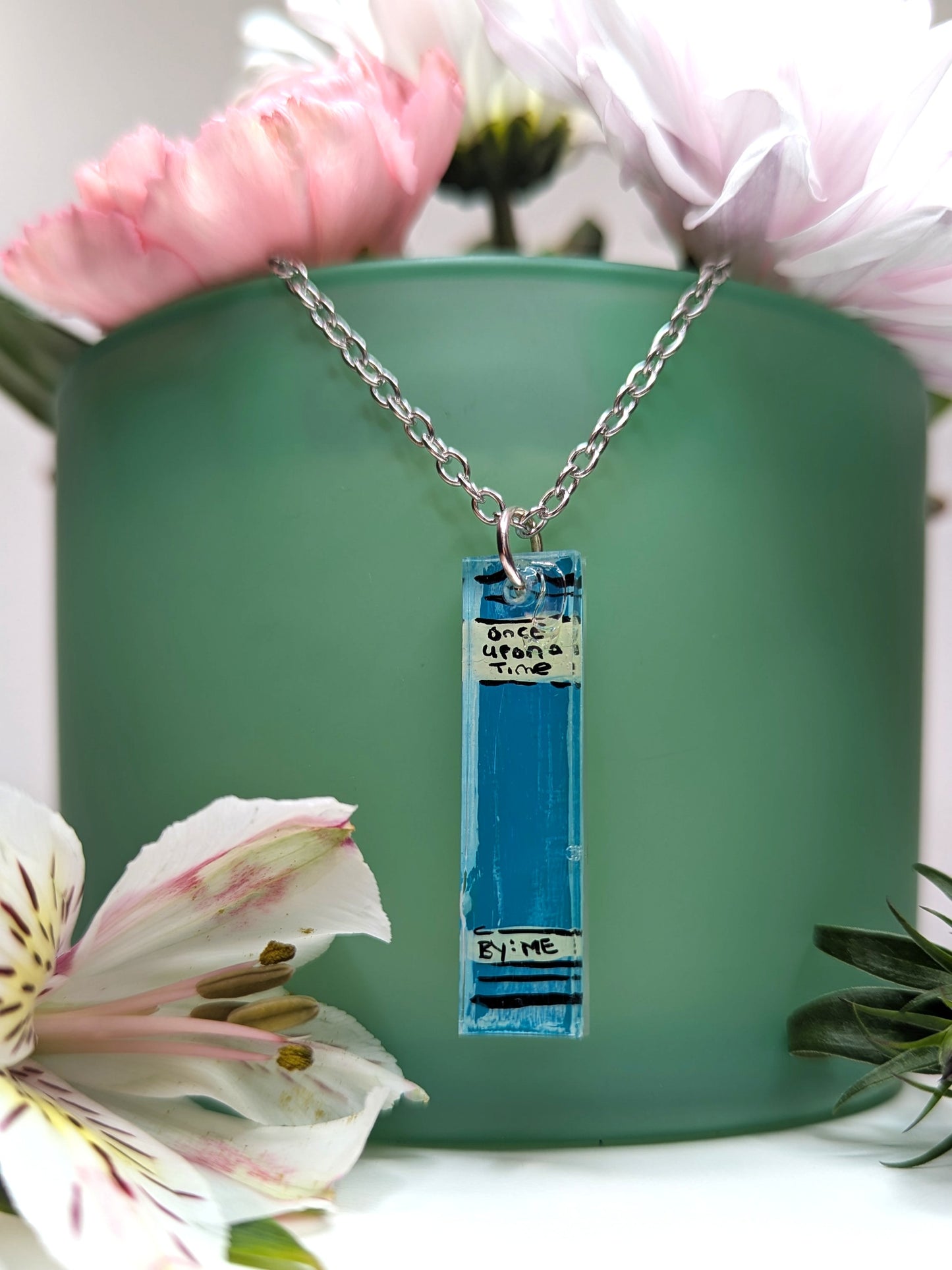 Book spine bookish hand painted necklace