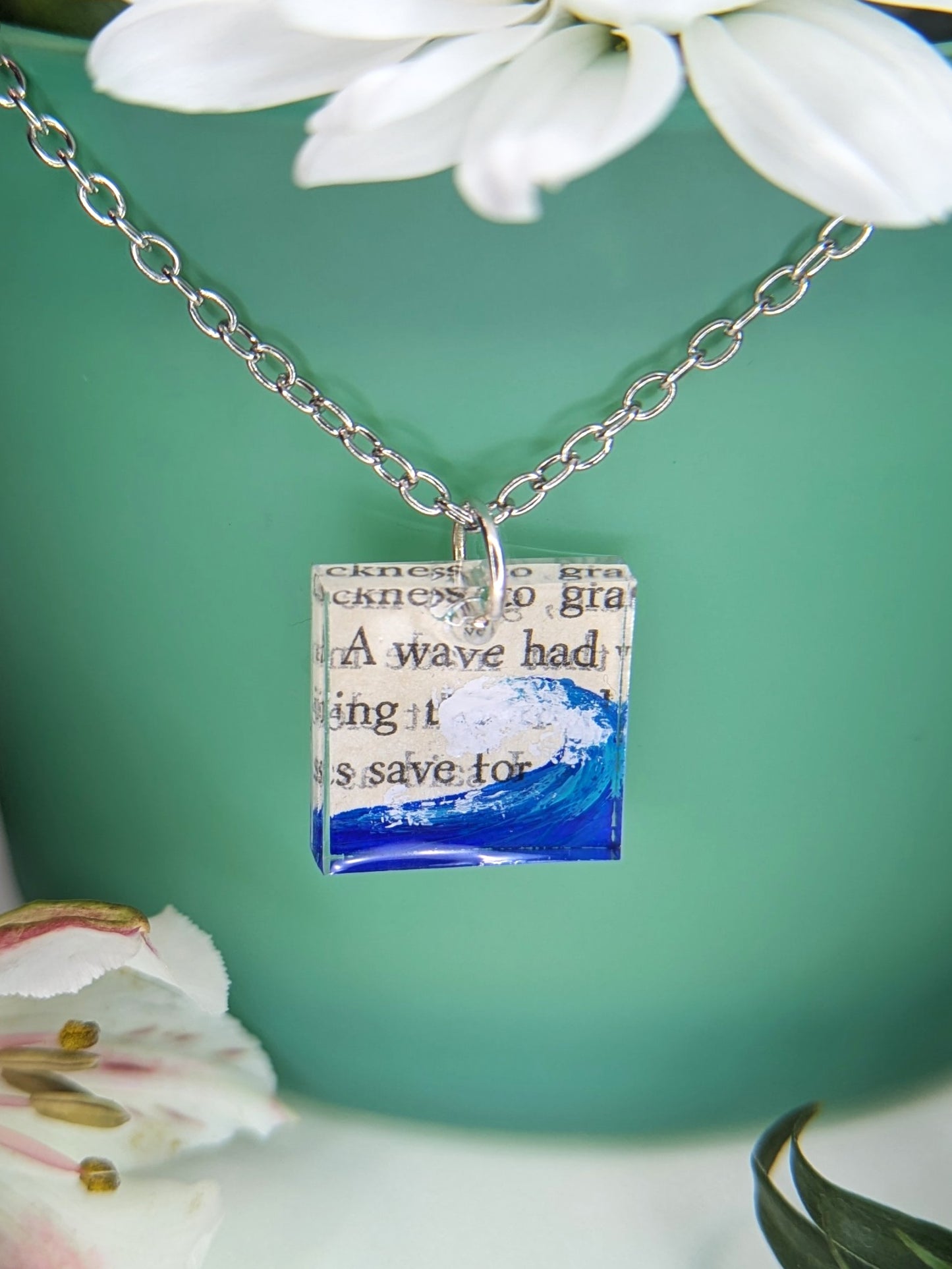 Crashing wave bookish pendant necklace