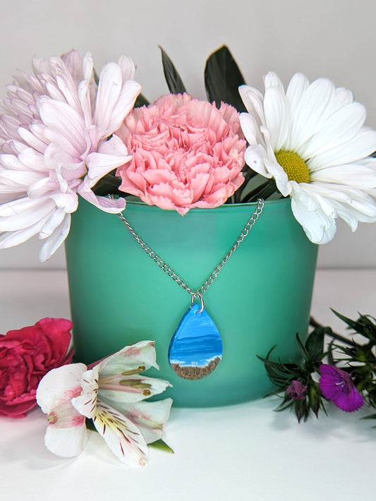 Sandy Beach Hand Painted Necklace, Resin Necklace with Real Nova Scotia Sand, Boho Hippy Beach Necklace