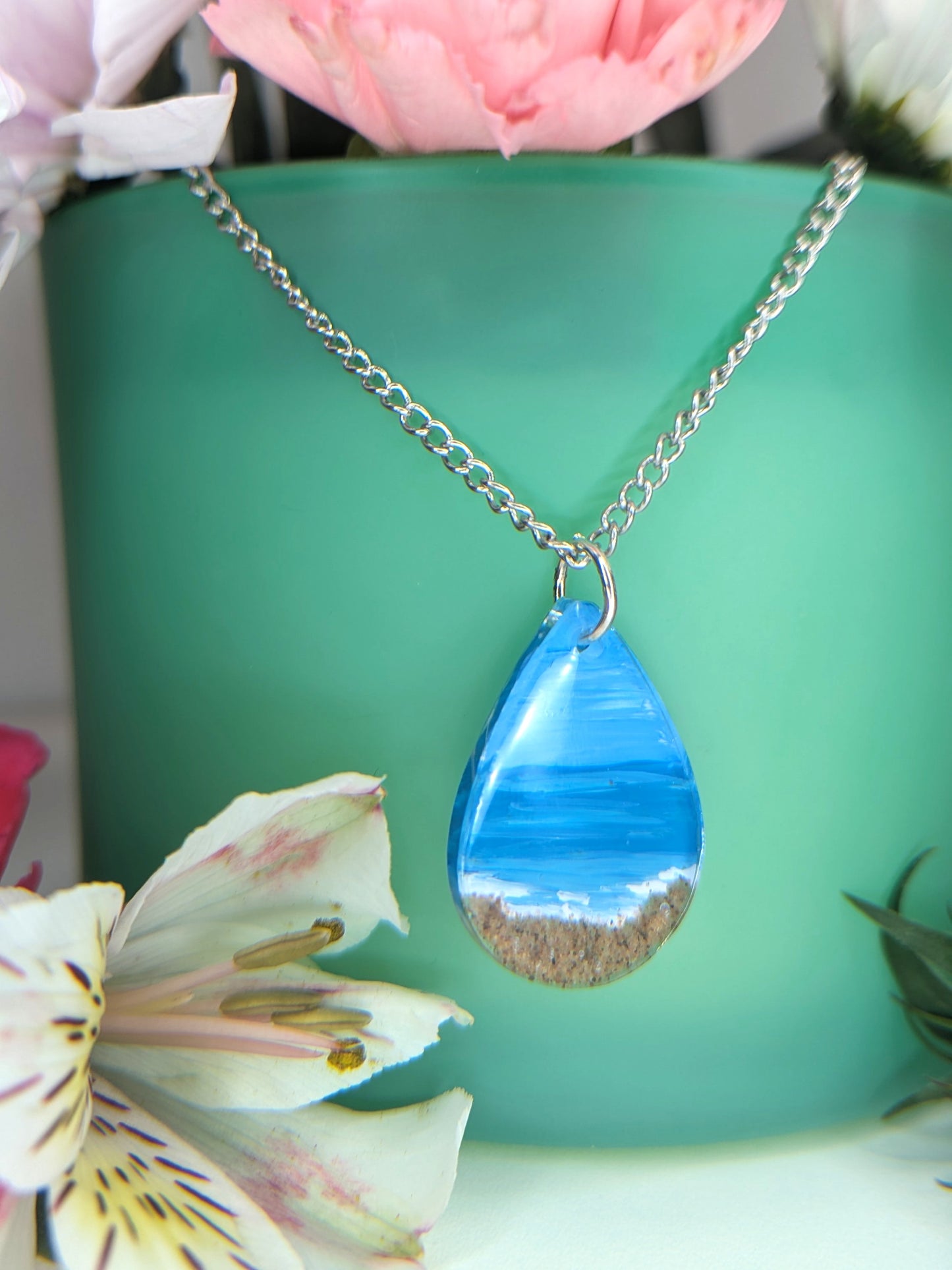 Sandy Beach Hand Painted Necklace, Resin Necklace with Real Nova Scotia Sand, Boho Hippy Beach Necklace