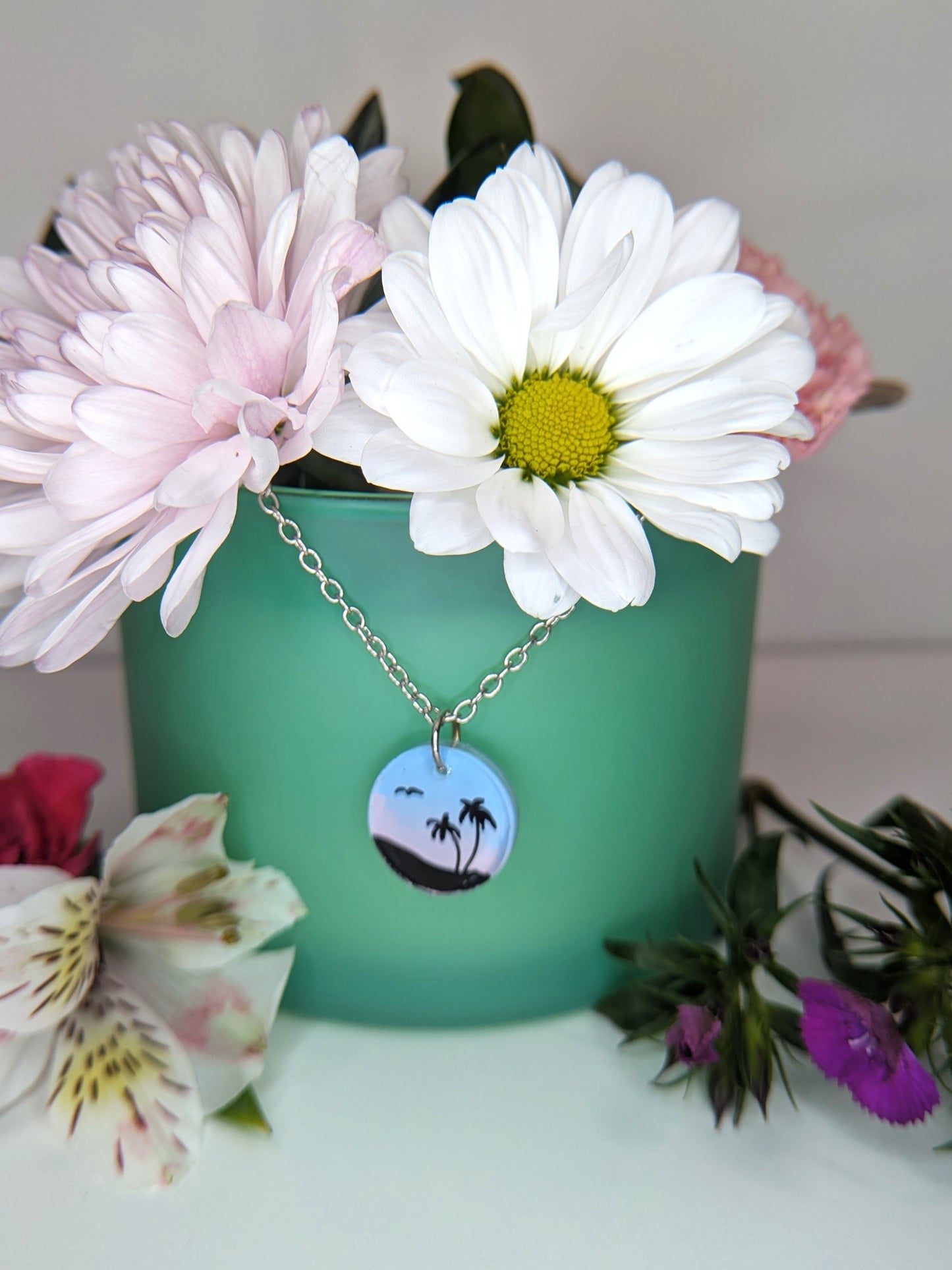 Palm Trees Sunset Silhouette Coin-shaped pendant necklace