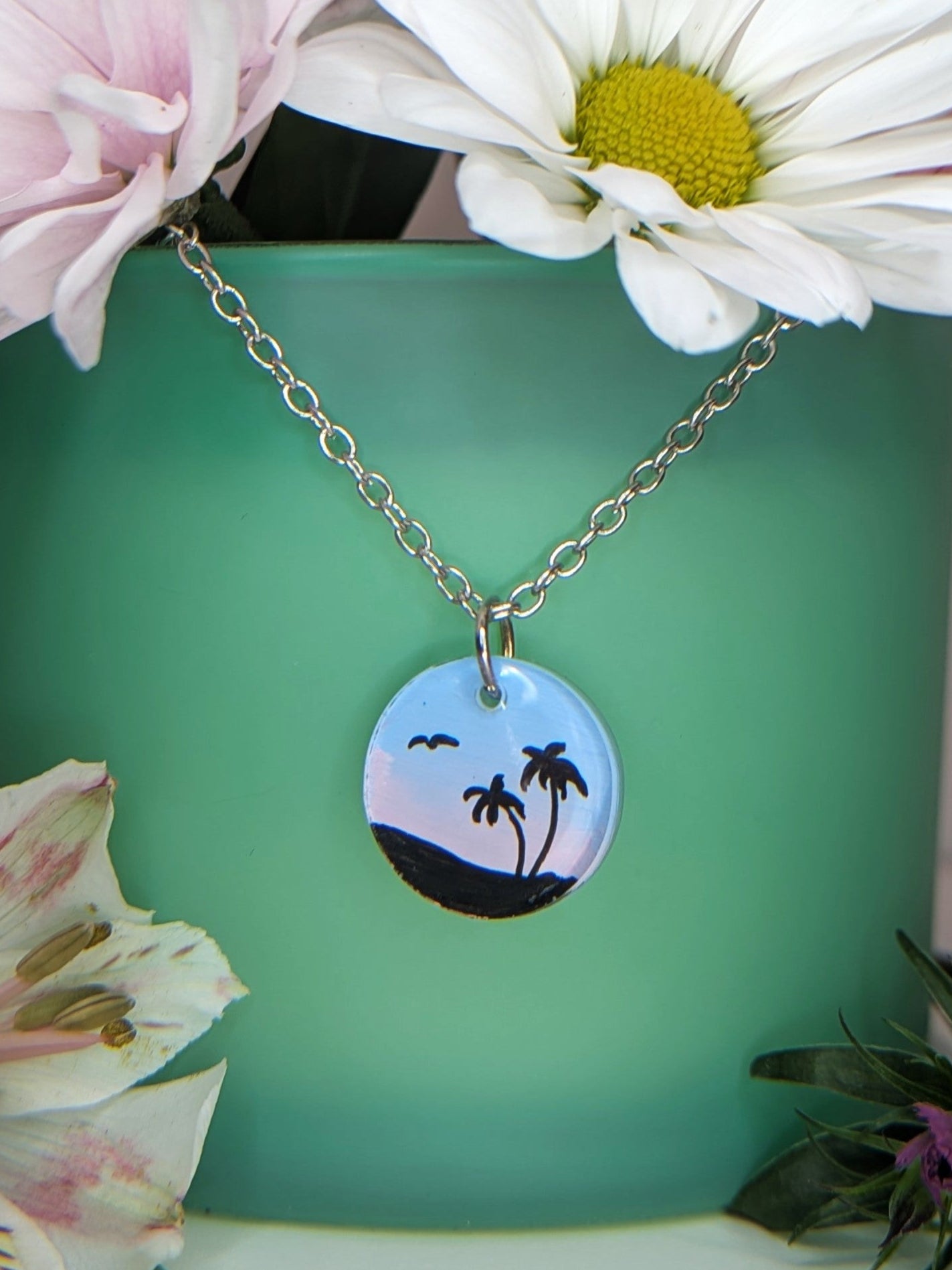 Palm Trees Sunset Silhouette Coin-shaped pendant necklace