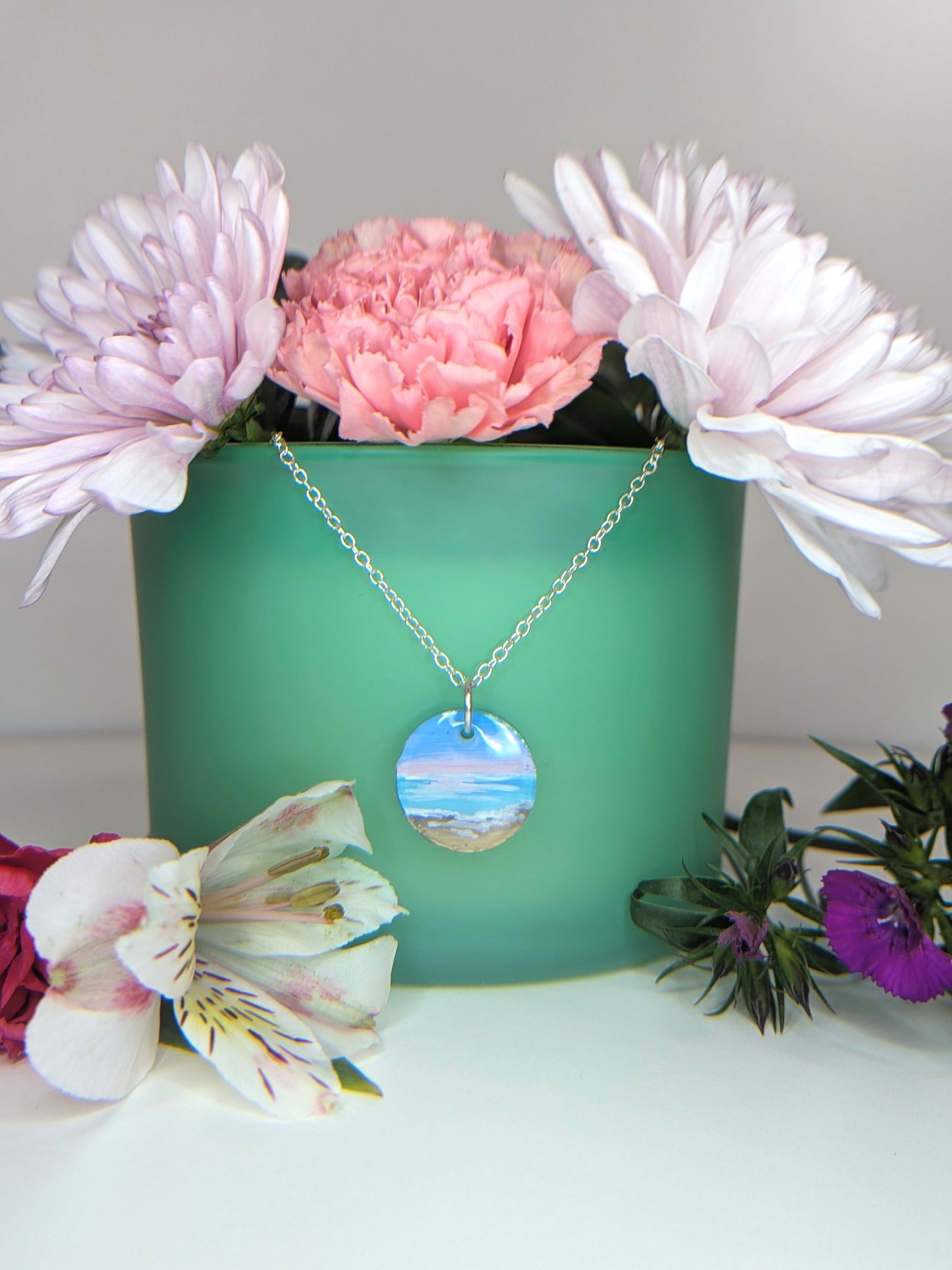 Pink Sunset Hand Painted Resin Necklace, Sunset Jewelry, Pink Beach Necklace