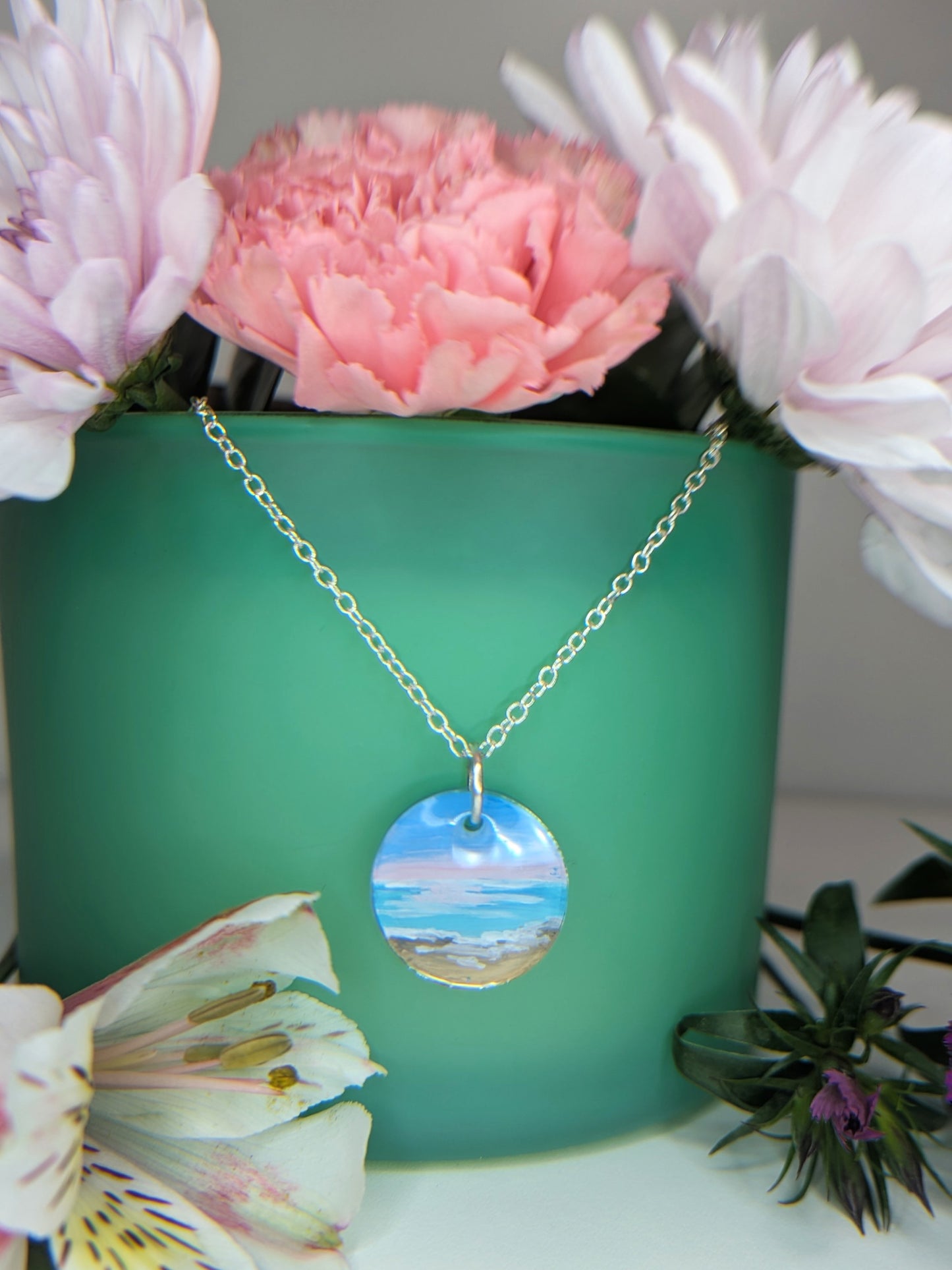 Pink Sunset Hand Painted Resin Necklace, Sunset Jewelry, Pink Beach Necklace