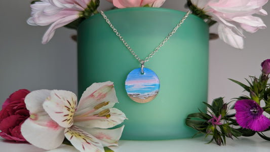 Pink Sunset Hand Painted Resin Necklace, Sunset Jewelry, Pink Beach Necklace