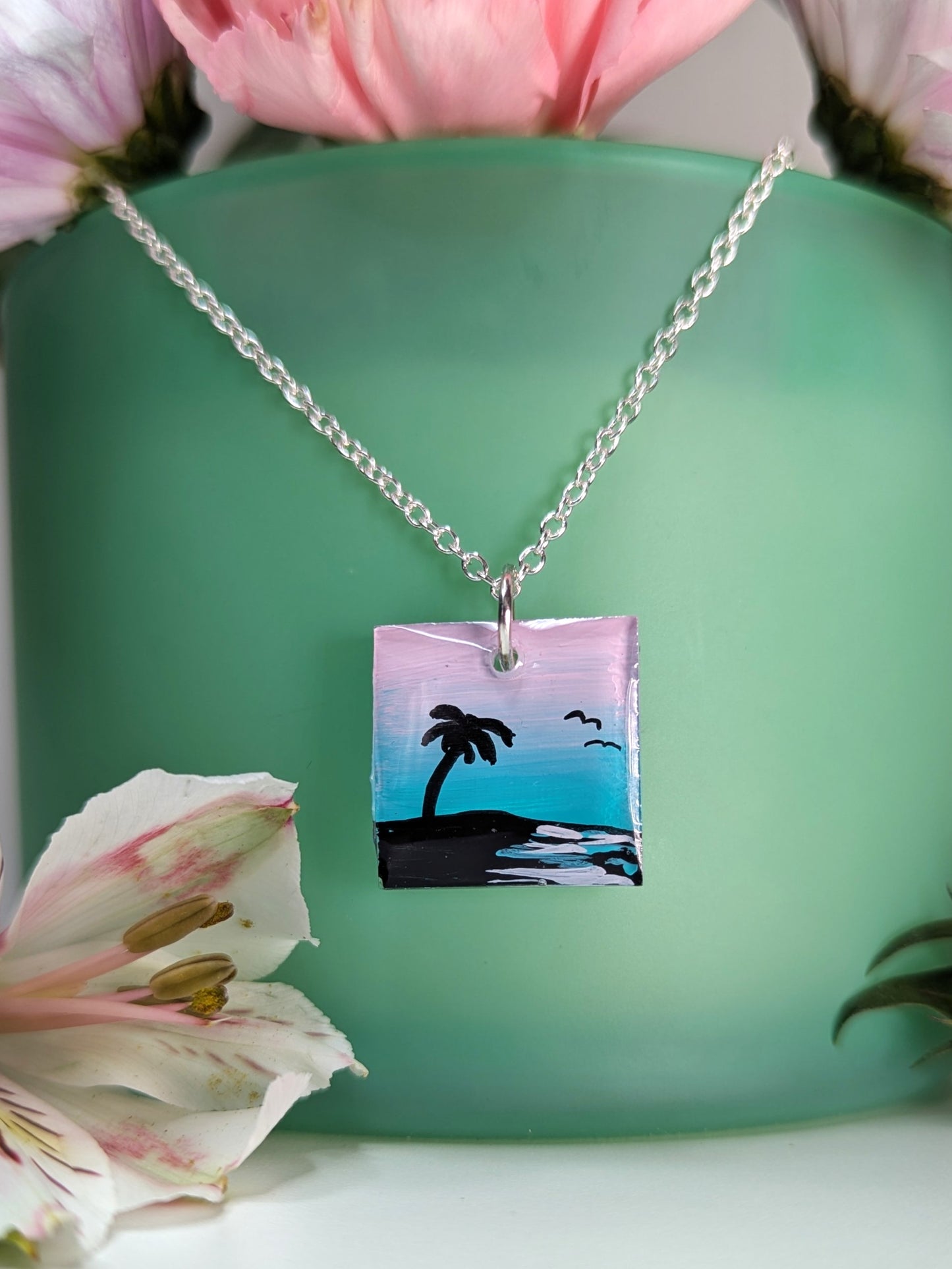 Malibu Vibes pink and teal sunset silhouette palm tree necklace