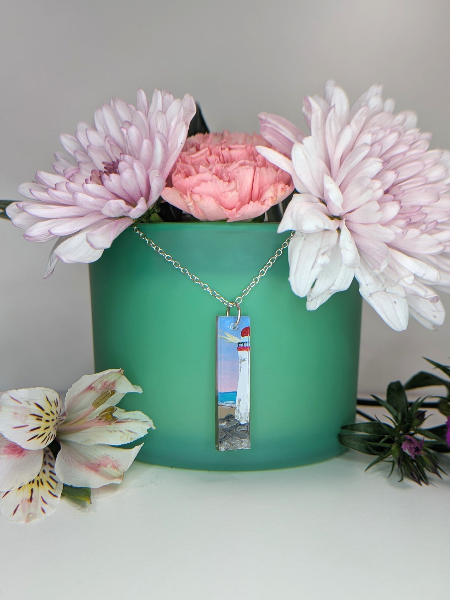 Rectangular lighthouse hand painted resin necklace