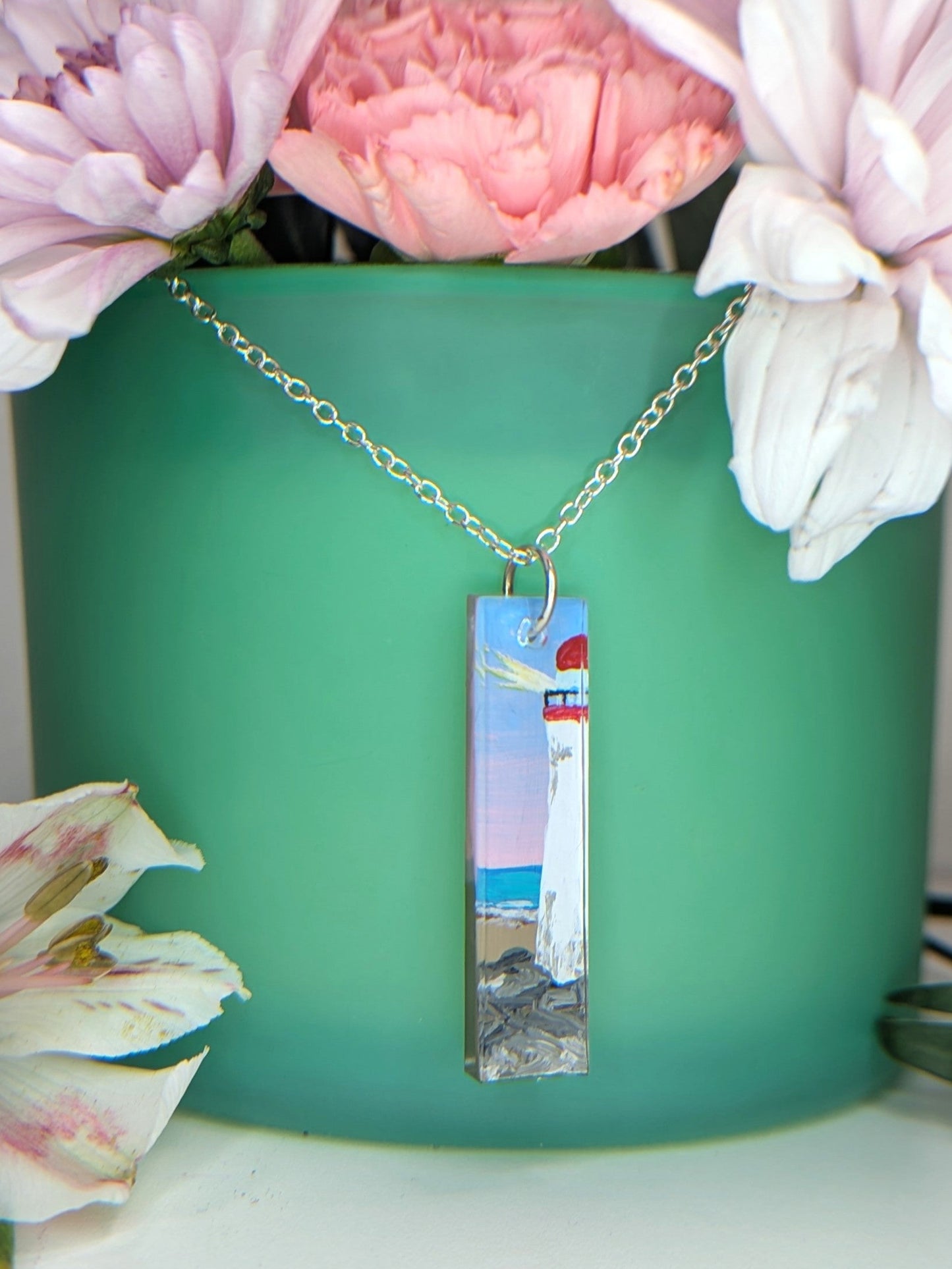 Rectangular lighthouse hand painted resin necklace