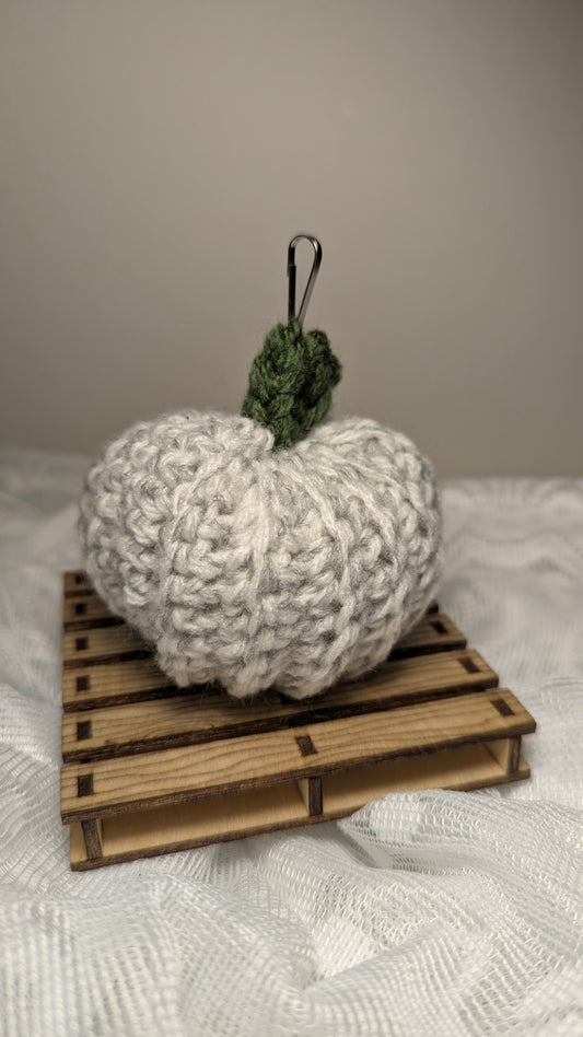 Grey Pumpkin Hand-Crocheted Keychain with Dark Green Stem