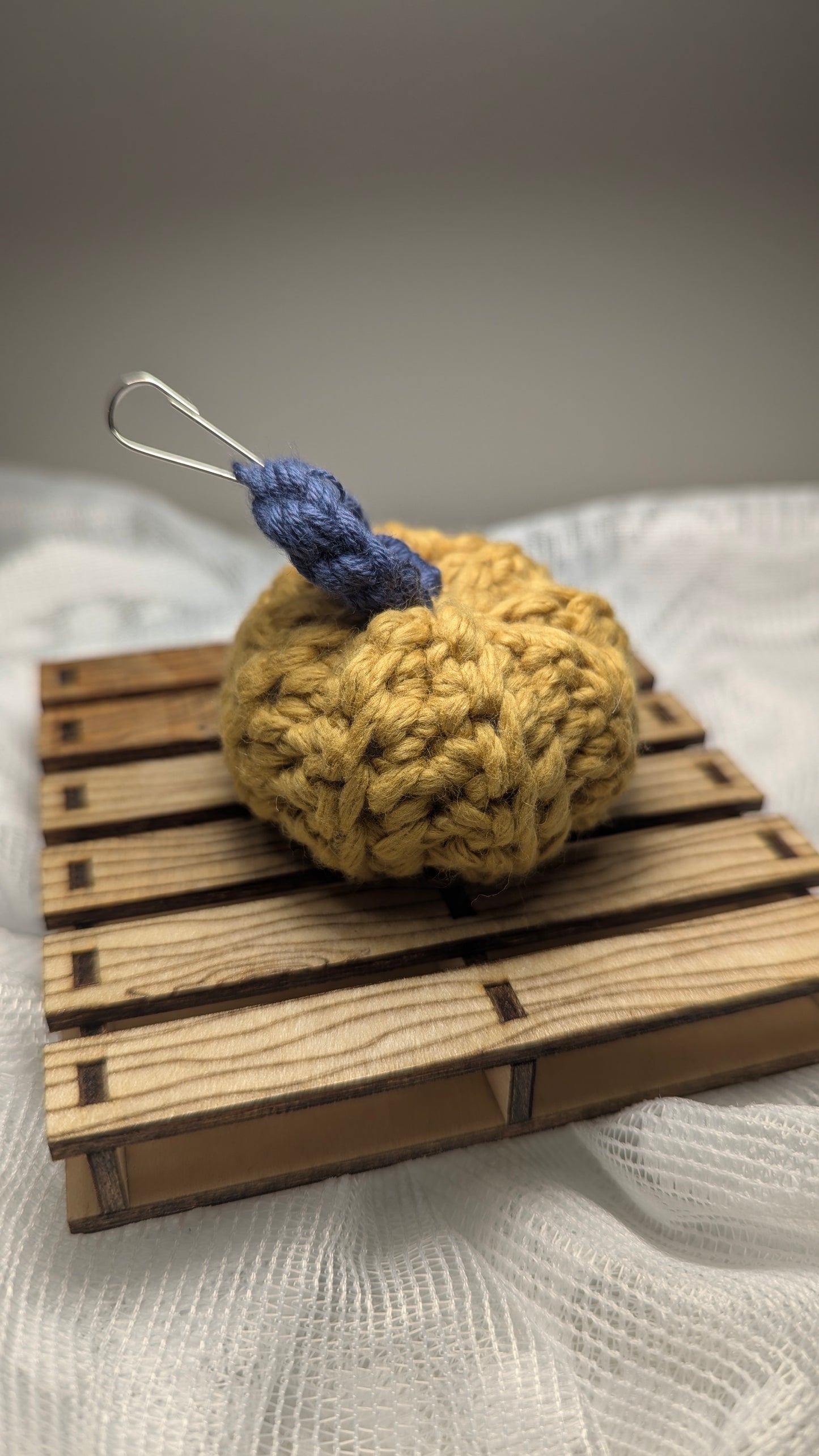 Mustard Pumpkin Hand-Crocheted Keychain with Dark Blue Stem
