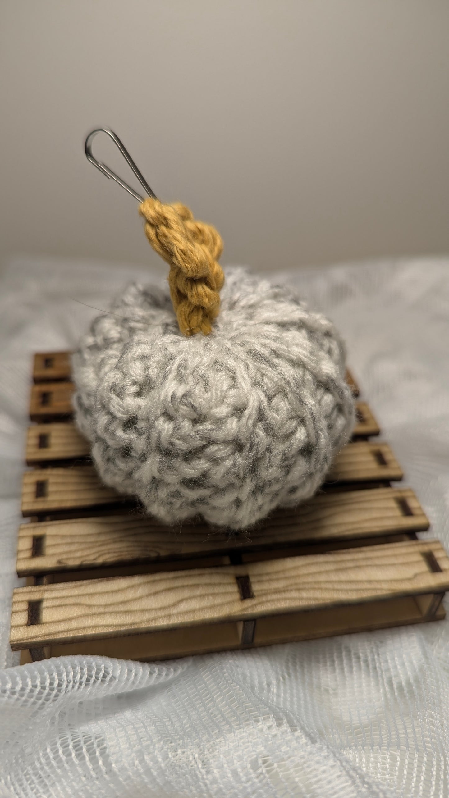 Grey Pumpkin Hand-Crocheted Keychain with Mustard Stem