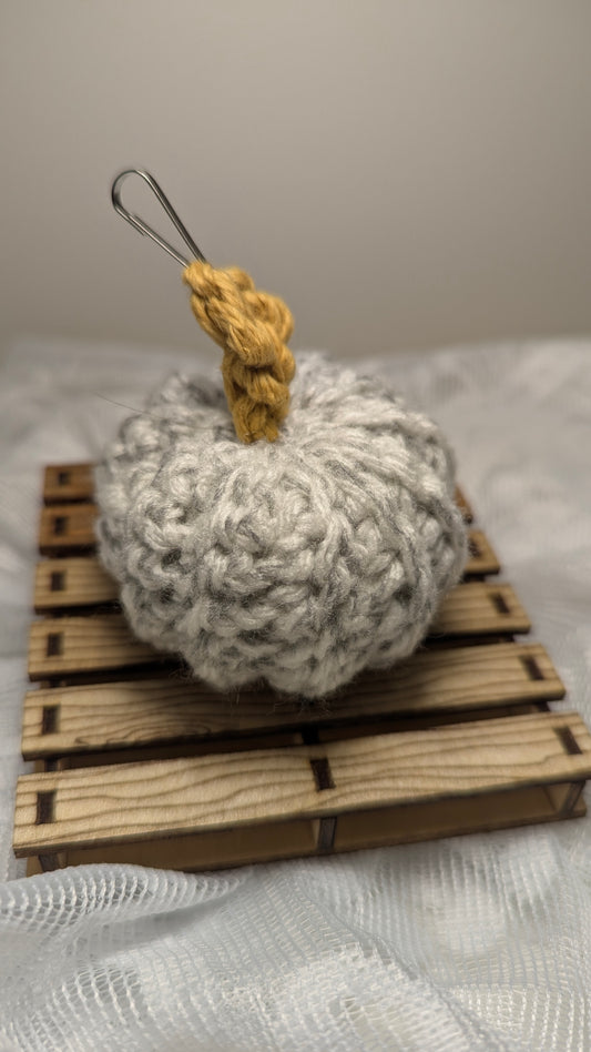 Grey Pumpkin Hand-Crocheted Keychain with Mustard Stem