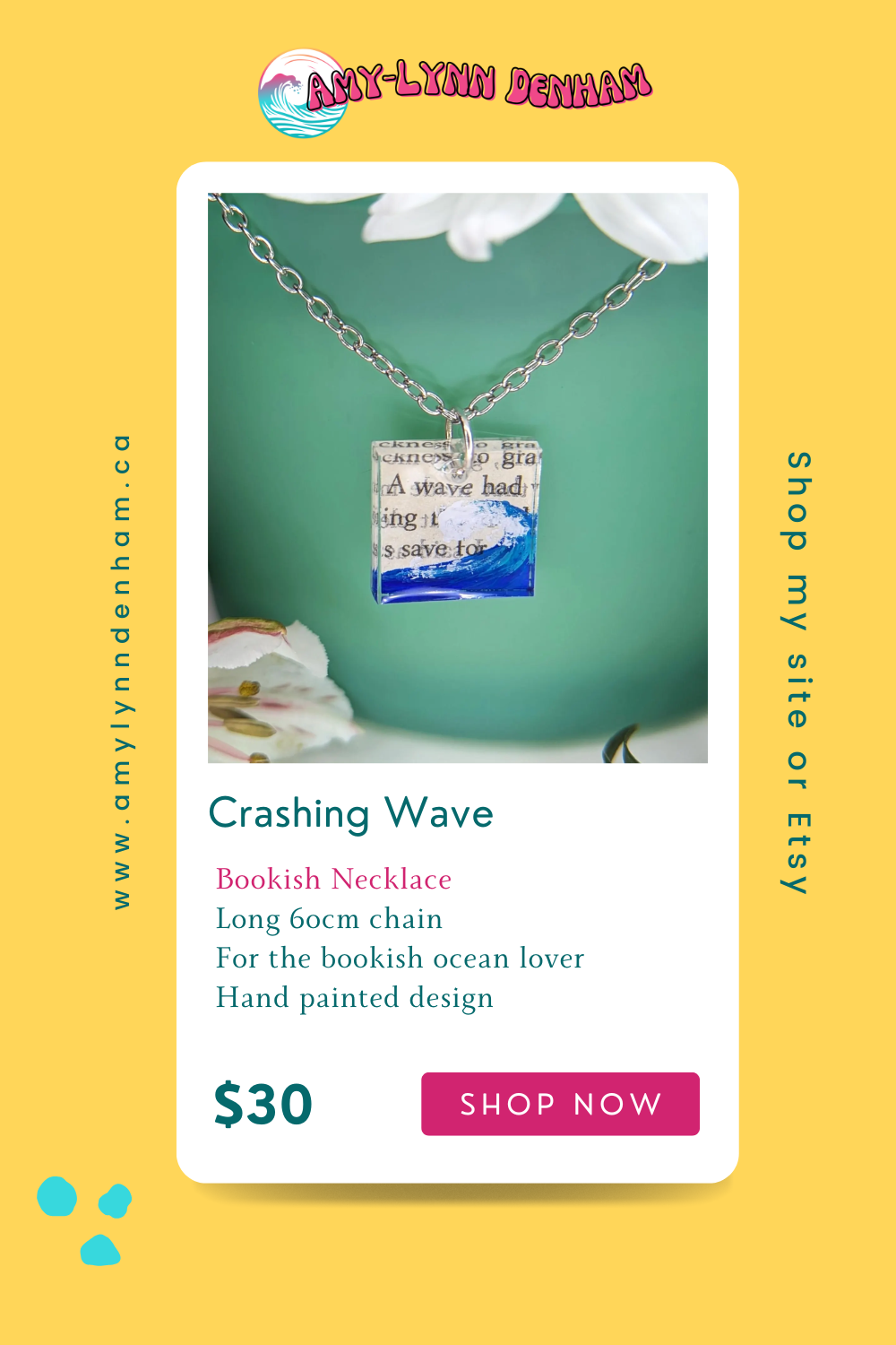 Crashing wave bookish pendant necklace