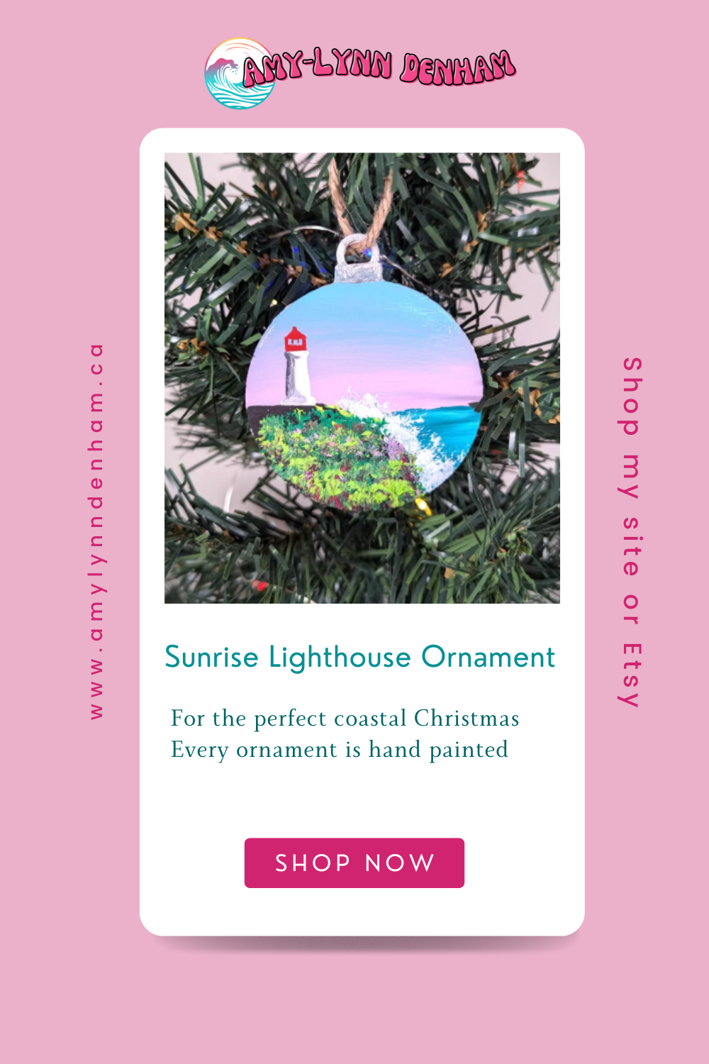 Pink and Blue Sunrise Lighthouse, Hand Painted Christmas Ornament, Coastal Bauble Gift for Lighthouse Lovers