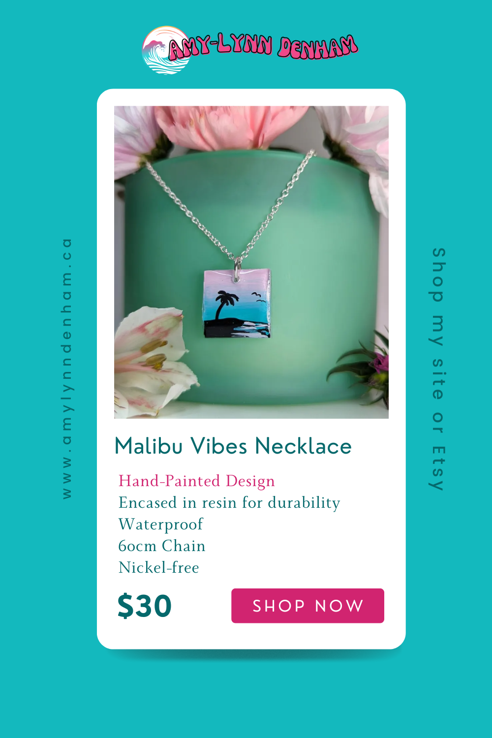 Malibu Vibes pink and teal sunset silhouette palm tree necklace