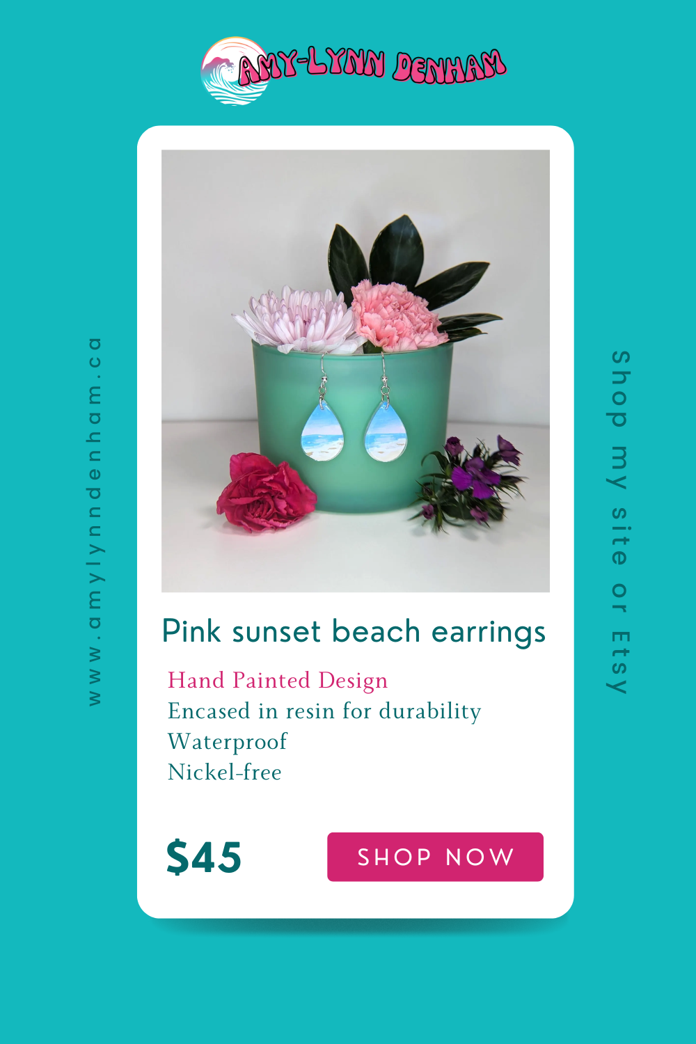 Pink Sunset Beach Earrings, Hand Painted Scenes Encased in Resin