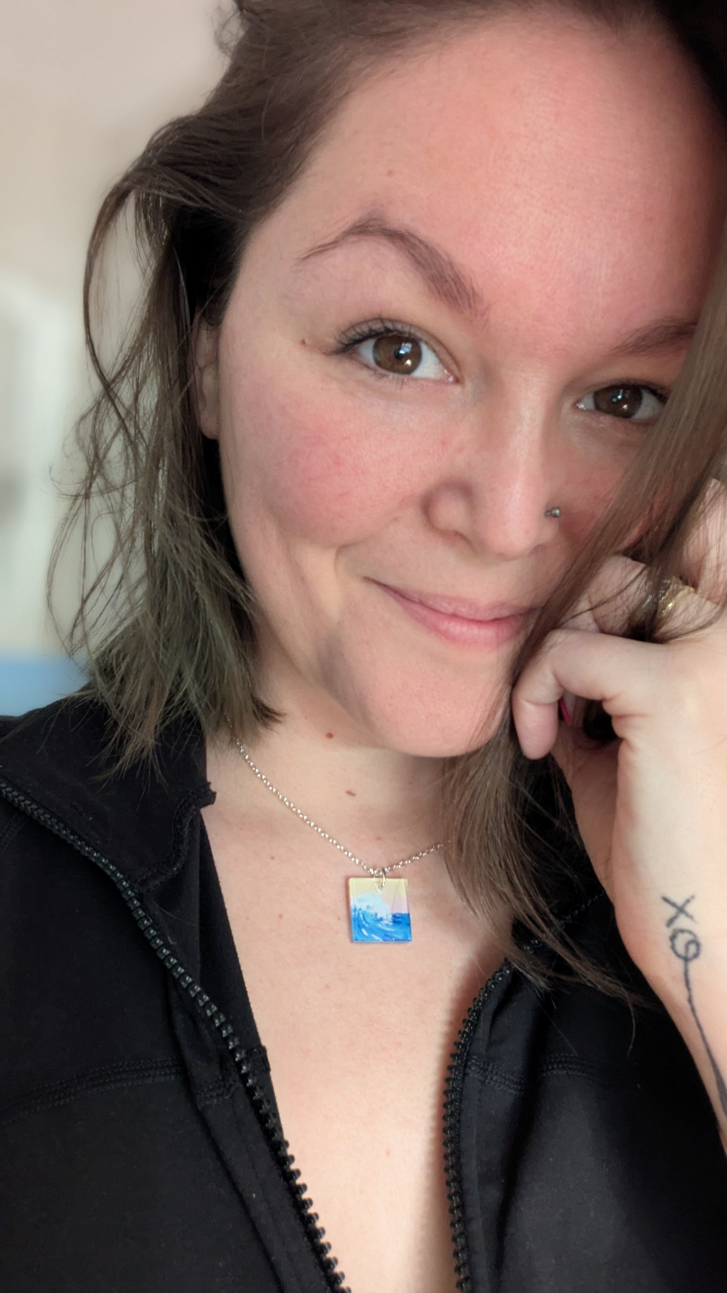 Square sunset wave acrylic hand painted resin necklace