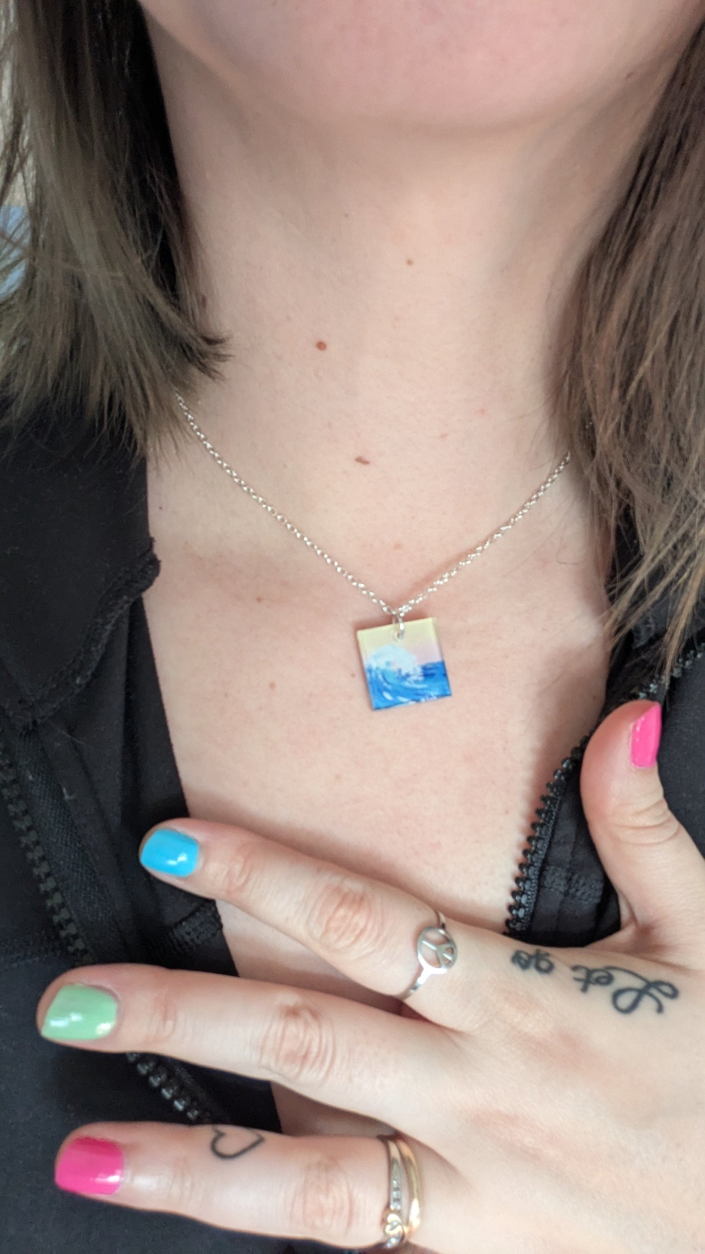 Square sunset wave acrylic hand painted resin necklace