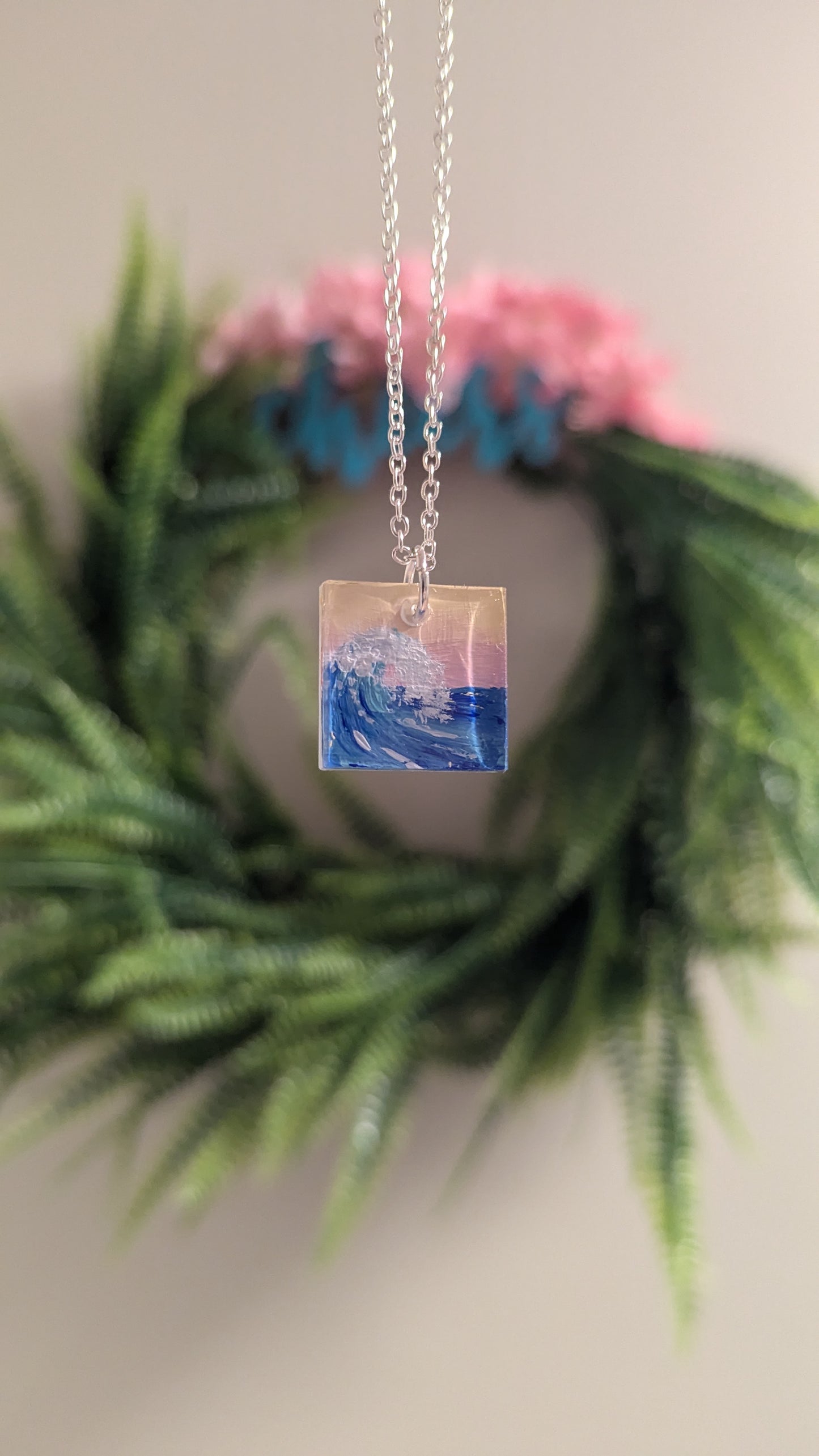Square sunset wave acrylic hand painted resin necklace