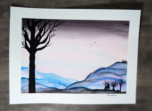 Winter Daybreak on the Hills - Original Watercolor Painting