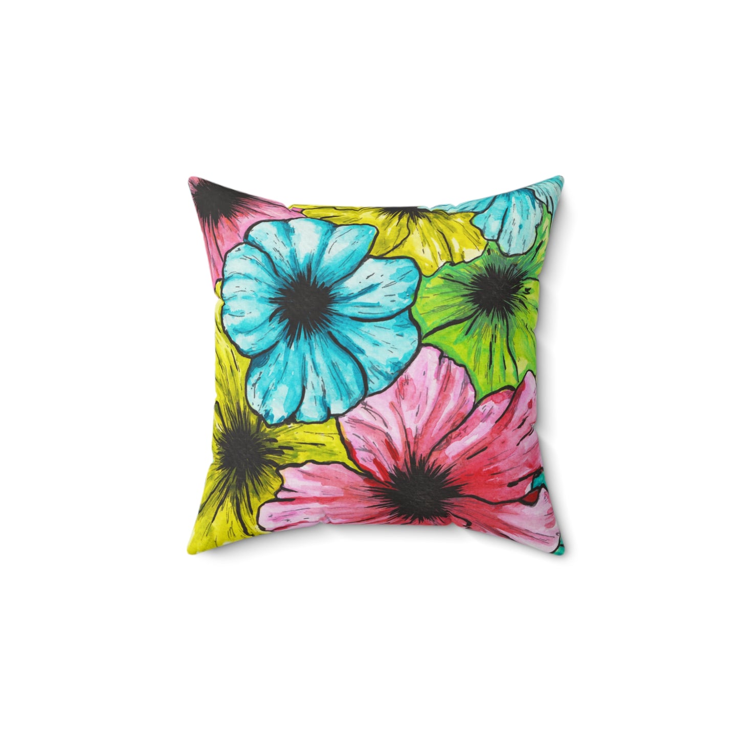 Colorful Hibiscus Tropical Spun Polyester Square Pillow from Hand-Drawn Artwork