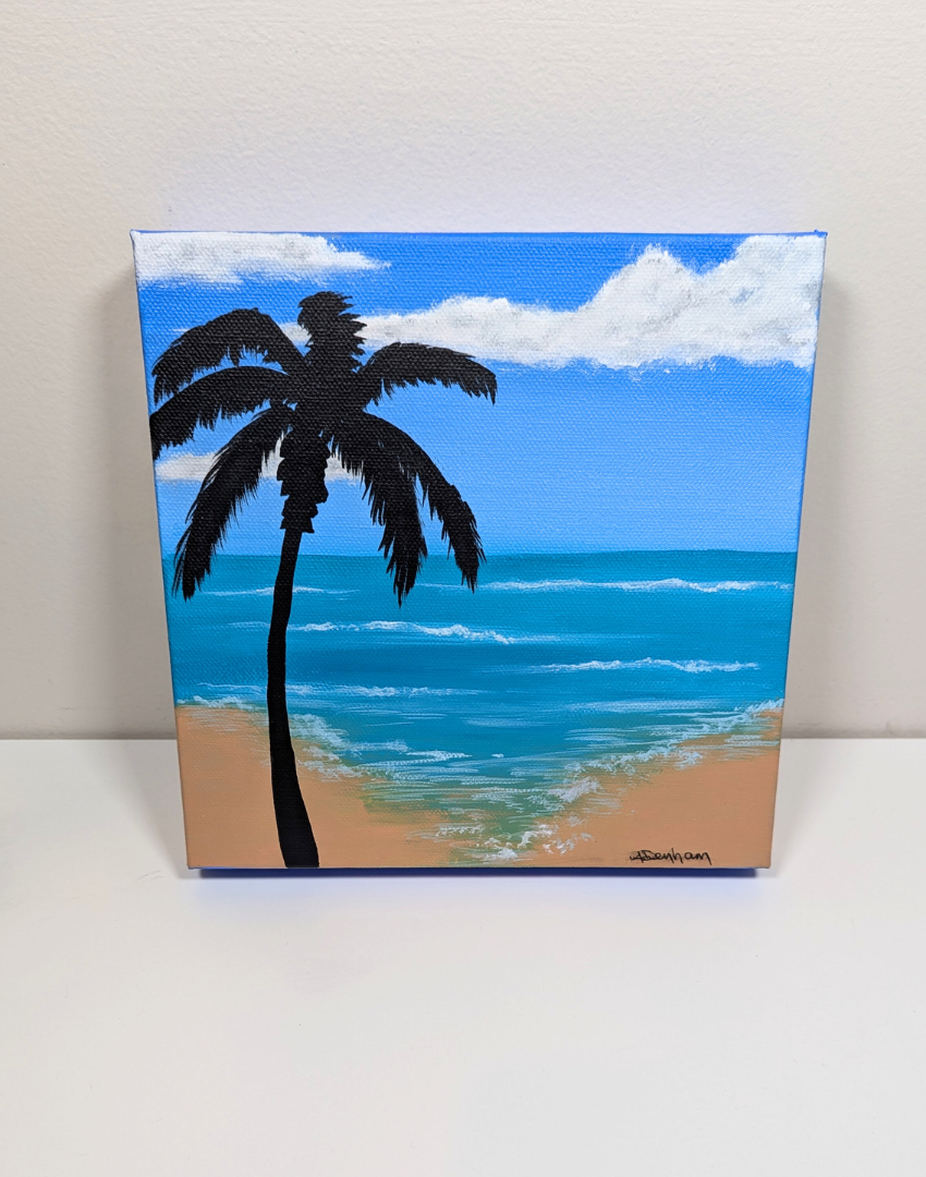 Summer to Remember Acrylic 8" by 8" beach palm tree silhouette painting