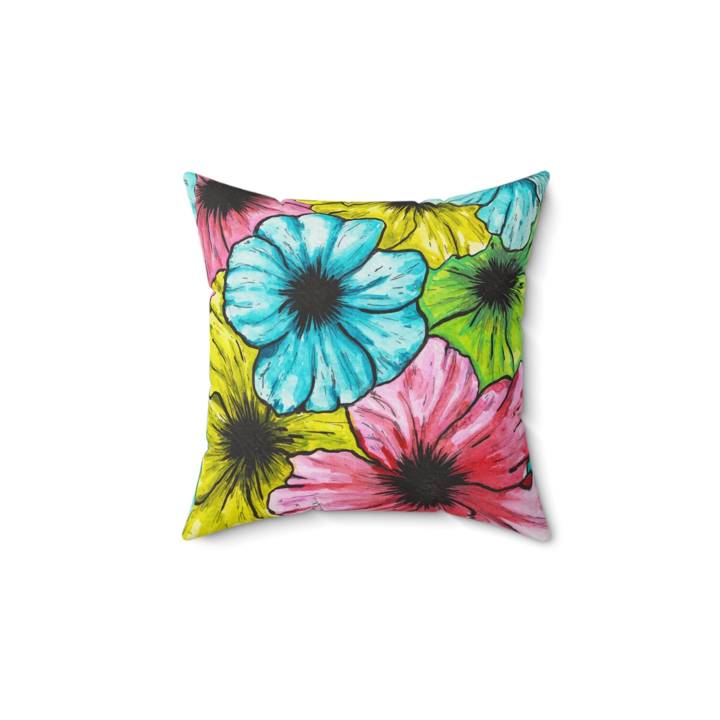 Colorful Hibiscus Tropical Spun Polyester Square Pillow from Hand-Drawn Artwork