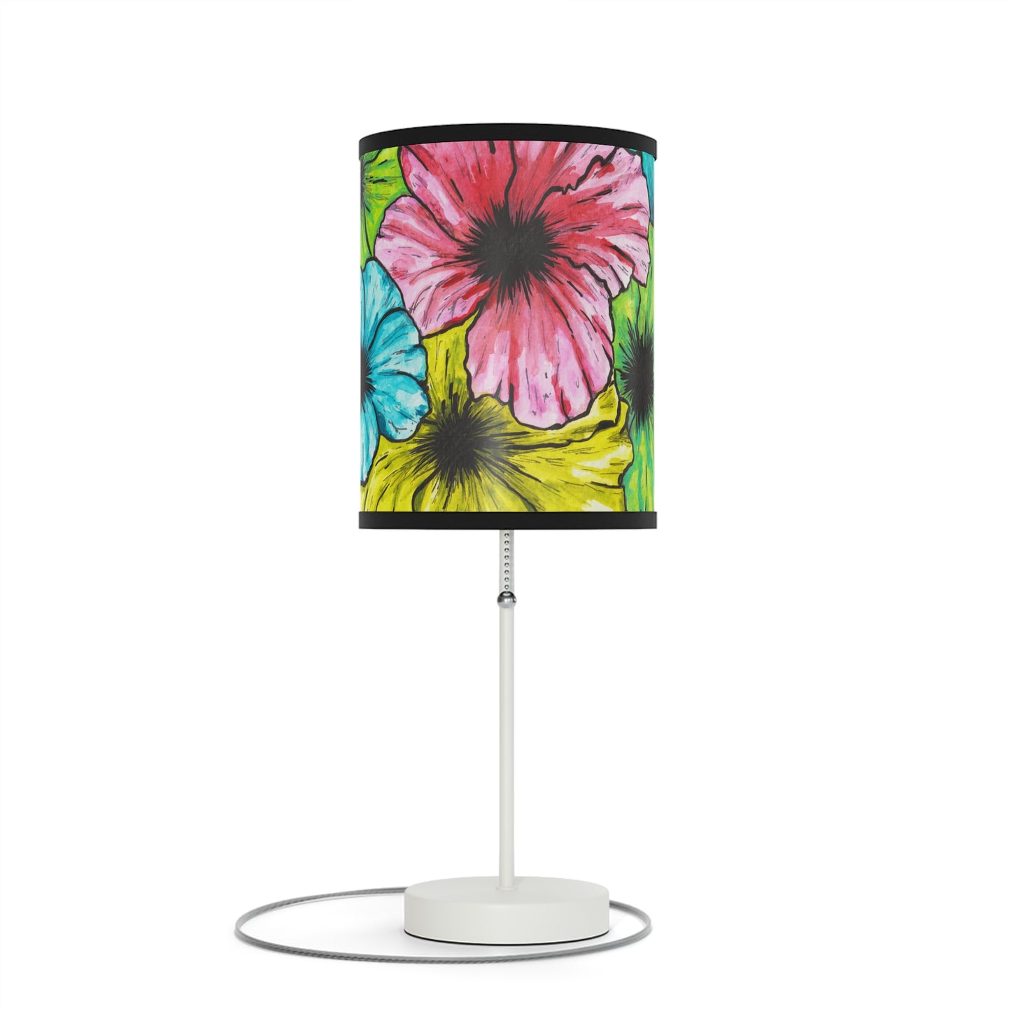 Hibiscus Tropical Flower, Hand-Drawn Design, Artist Designed Lamp on a Stand, US|CA plug