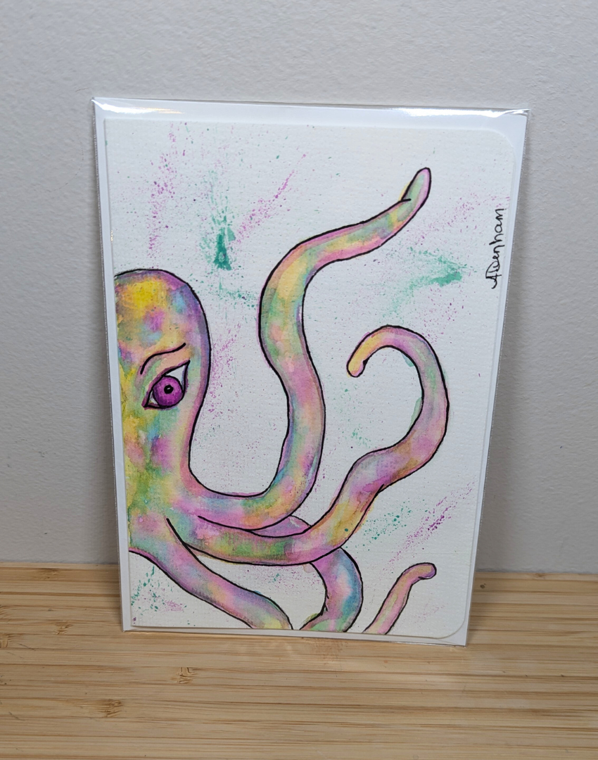 Greeting Card - Hand Painted Watercolor Tie-Dyed Octopus, Blank Inside