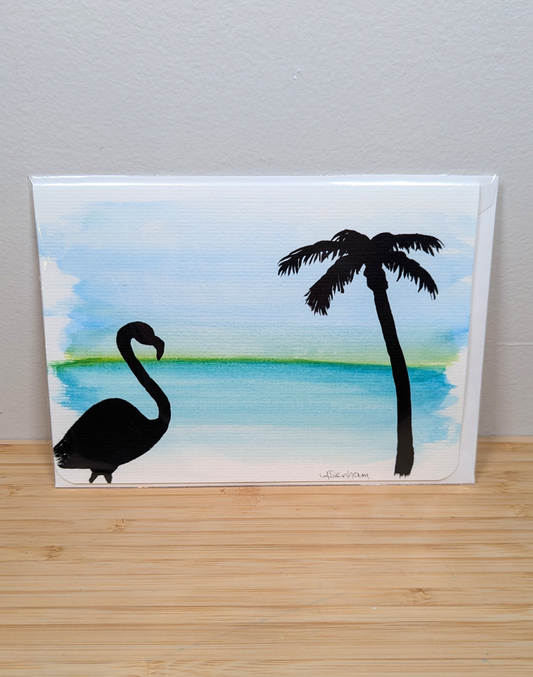 Greeting Card - Flamingo Palm Tree Silhouette Watercolor Gouache Hand Painted Greeting Card - Blank Inside