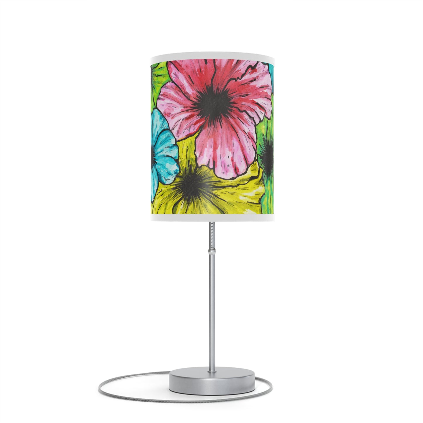 Hibiscus Tropical Flower, Hand-Drawn Design, Artist Designed Lamp on a Stand, US|CA plug