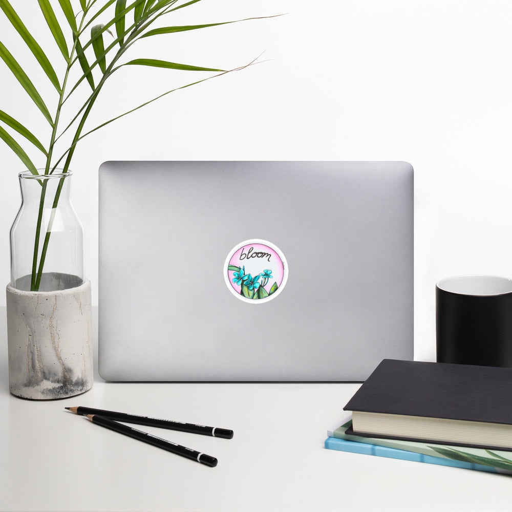 Amy-Lynn Denham's hand-drawn teal and pink tropical flowers bloom to life on this 3 x 3 vinyl sticker 3
