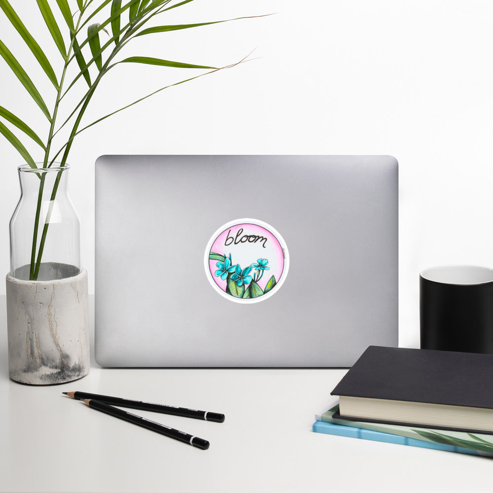 Amy-Lynn Denham's hand-drawn teal and pink tropical flowers bloom to life on this 4 x 4 vinyl sticker 5