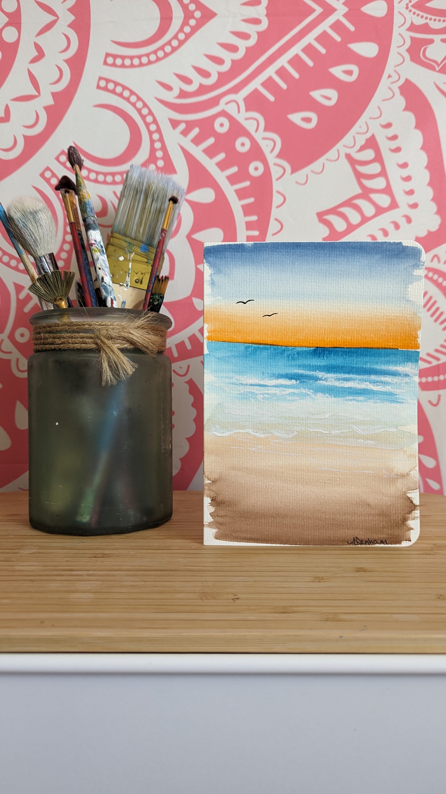 Greeting Card - Vibrant Sunset Beach Waves Watercolor Hand Painted, Blank Inside