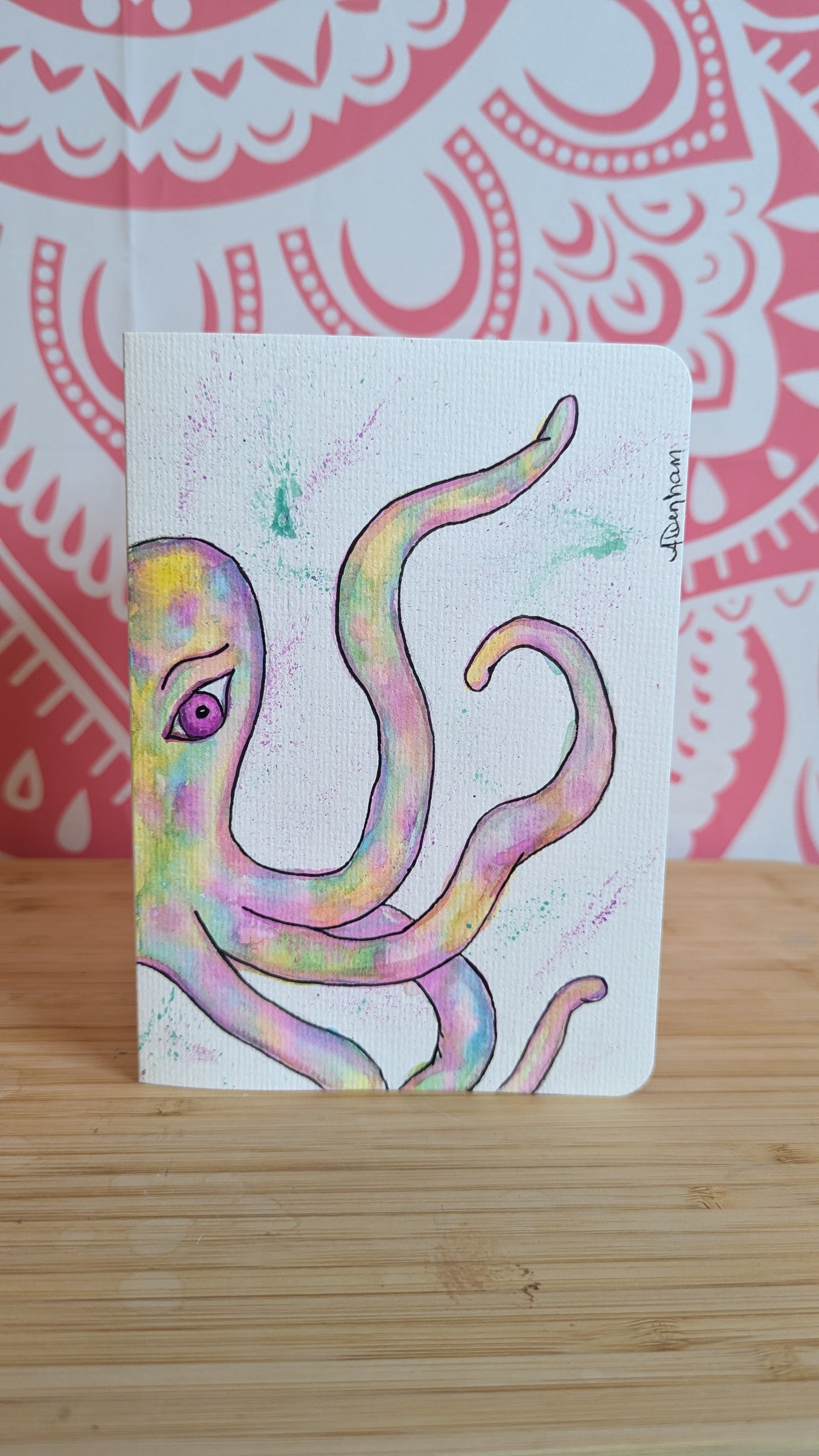 Greeting Card - Hand Painted Watercolor Tie-Dyed Octopus, Blank Inside