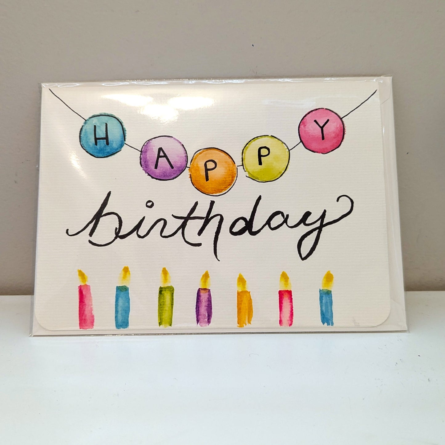 Greeting Card - Happy Birthday Multicolor Candles, Hand Painted Watercolor, Blank Inside