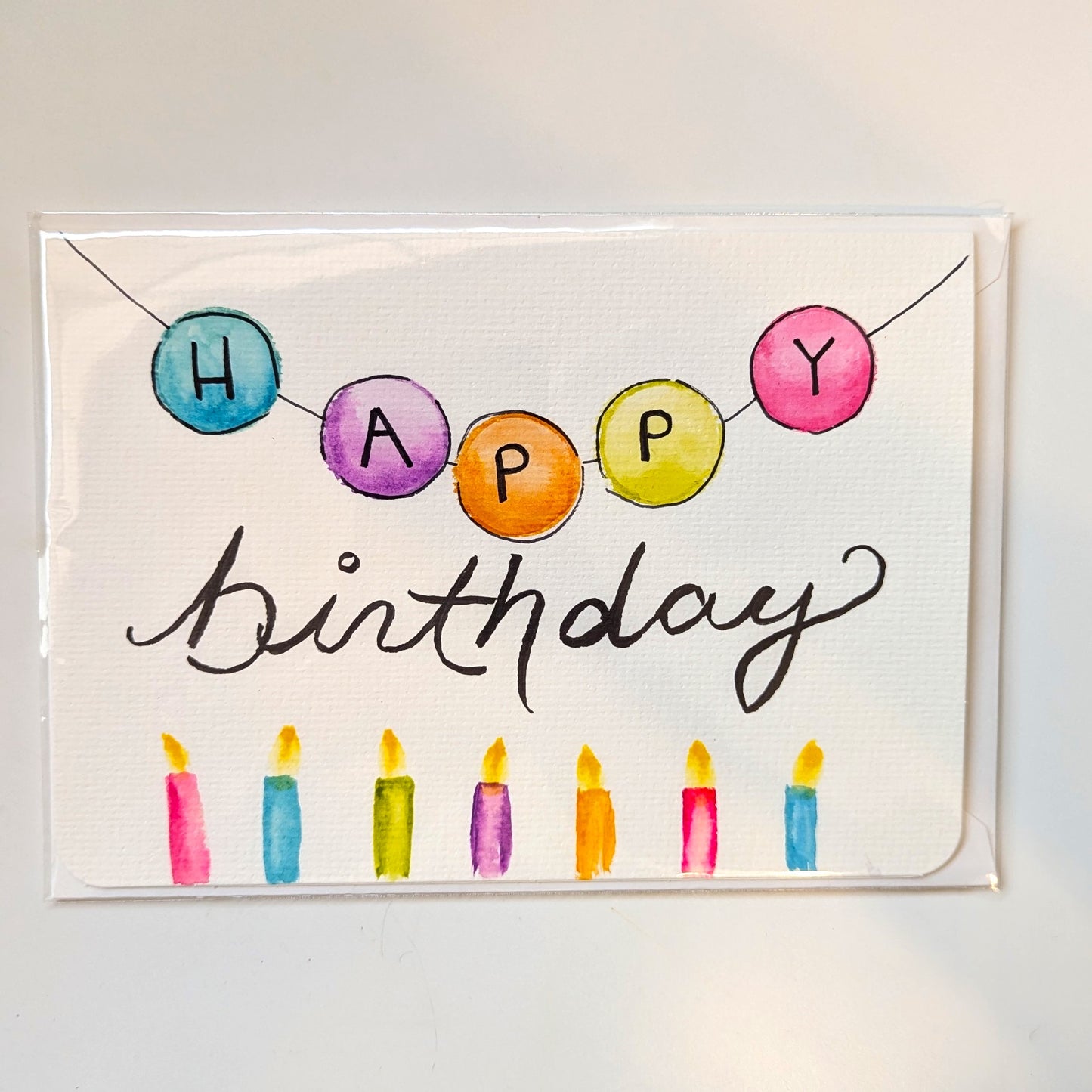 Greeting Card - Happy Birthday Multicolor Candles, Hand Painted Watercolor, Blank Inside