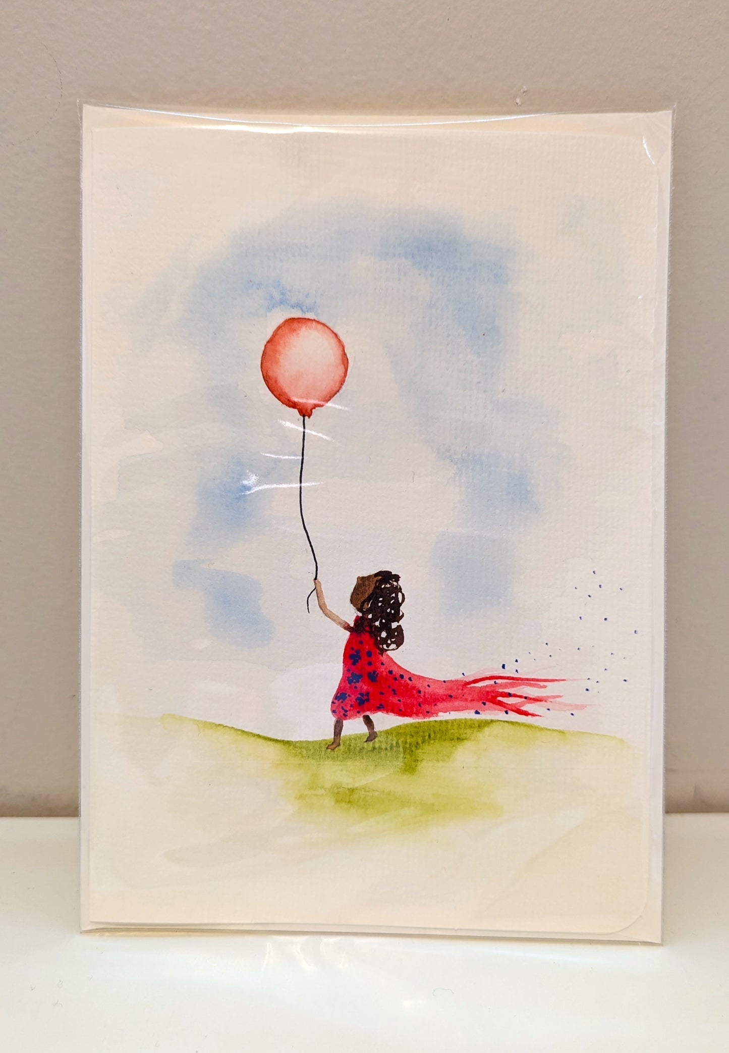 Greeting Card - Girl with Balloon, Whimsical Watercolor Hand Painted, Blank Inside