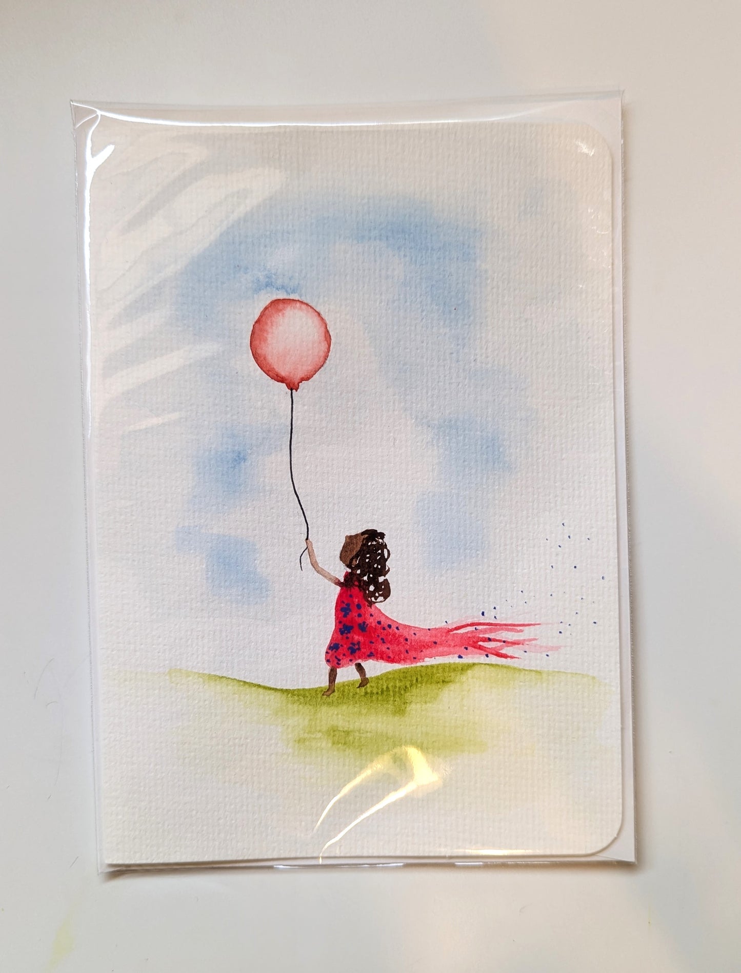 Greeting Card - Girl with Balloon, Whimsical Watercolor Hand Painted, Blank Inside