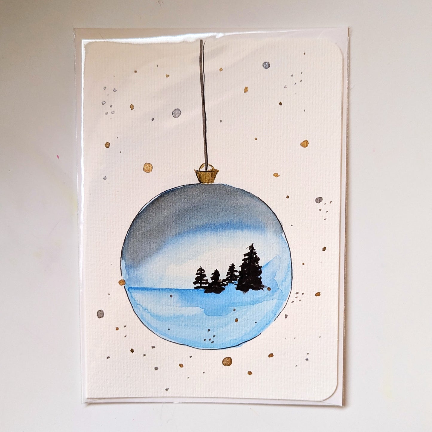 Christmas Card - Winter Snow Globe Ornament, Silver and Gold, Hand Painted Watercolor