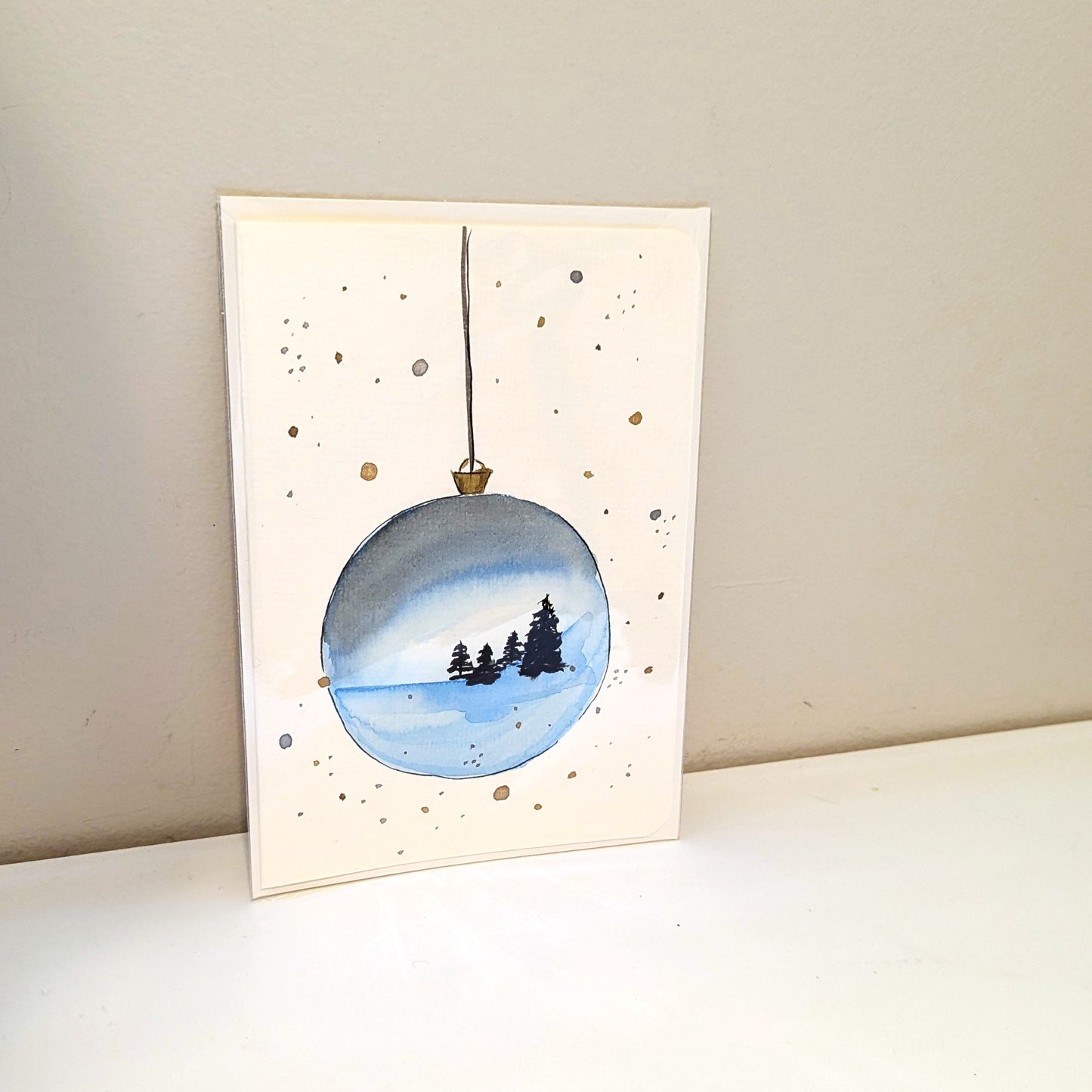 Christmas Card - Winter Snow Globe Ornament, Silver and Gold, Hand Painted Watercolor